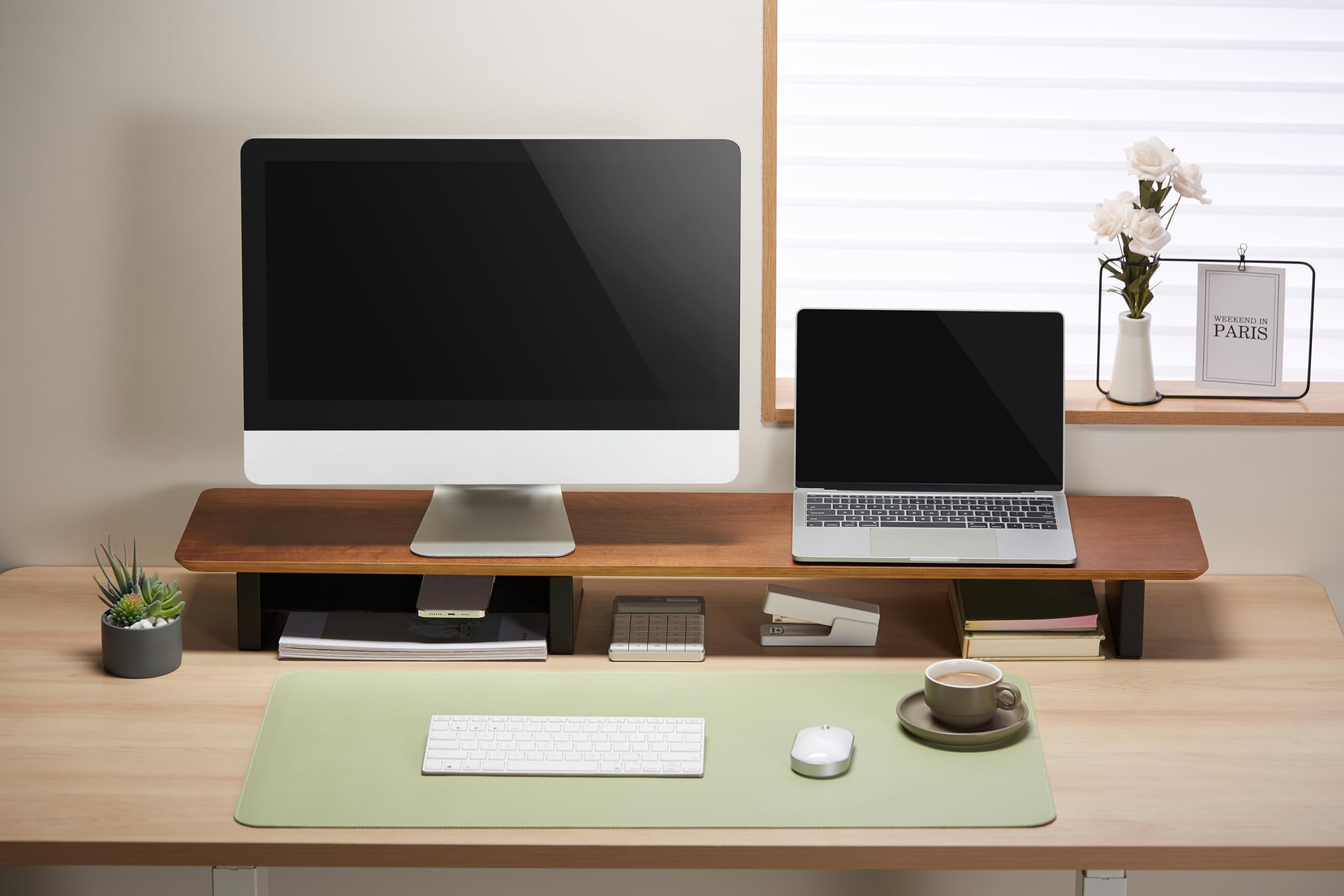 IVE Design Walnut Monitor Stand for Desk - Large 44 Inch Wood Shelf for 2 Monitors
