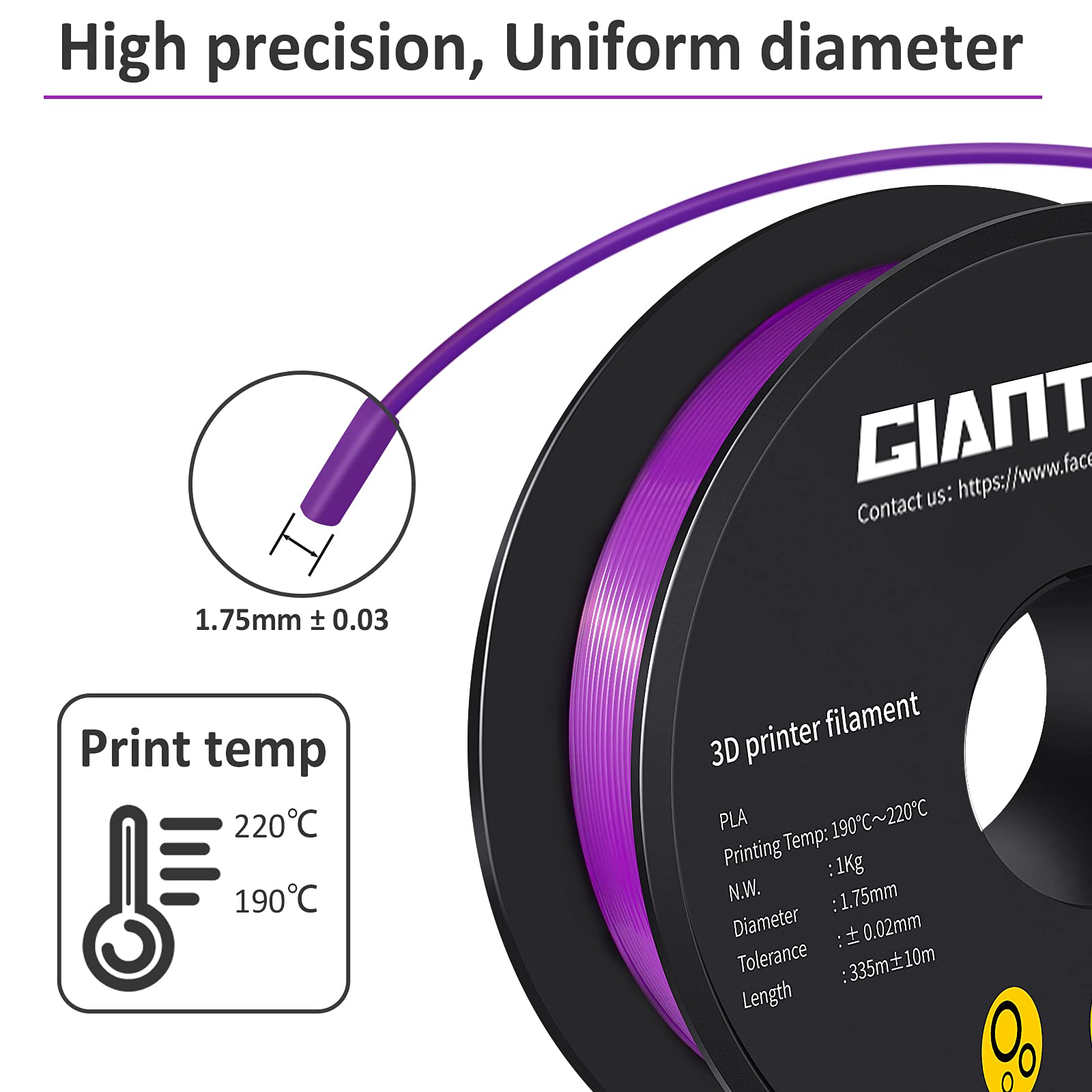 Giantarm 3D Printer Filament, Purple Pla Filament, 1Kg(2.2Lbs) Spool, 1.75Mm Dimension Accuracy +/  0.03Mm, 3D Printing Filament