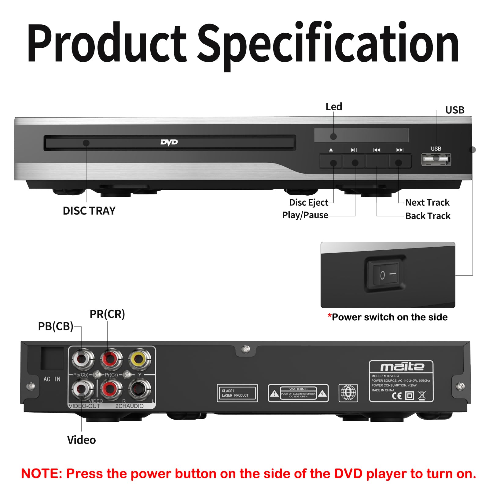 Dvd Player, Region Free Dvd Players For Cd/Dvd'S, Compact Dvd Player Supports Ntsc/Pal System With Rca Stable Outputs/Usb 128G Input, Contains Remote Control And Rca Cable(Without Hdmi Cable)