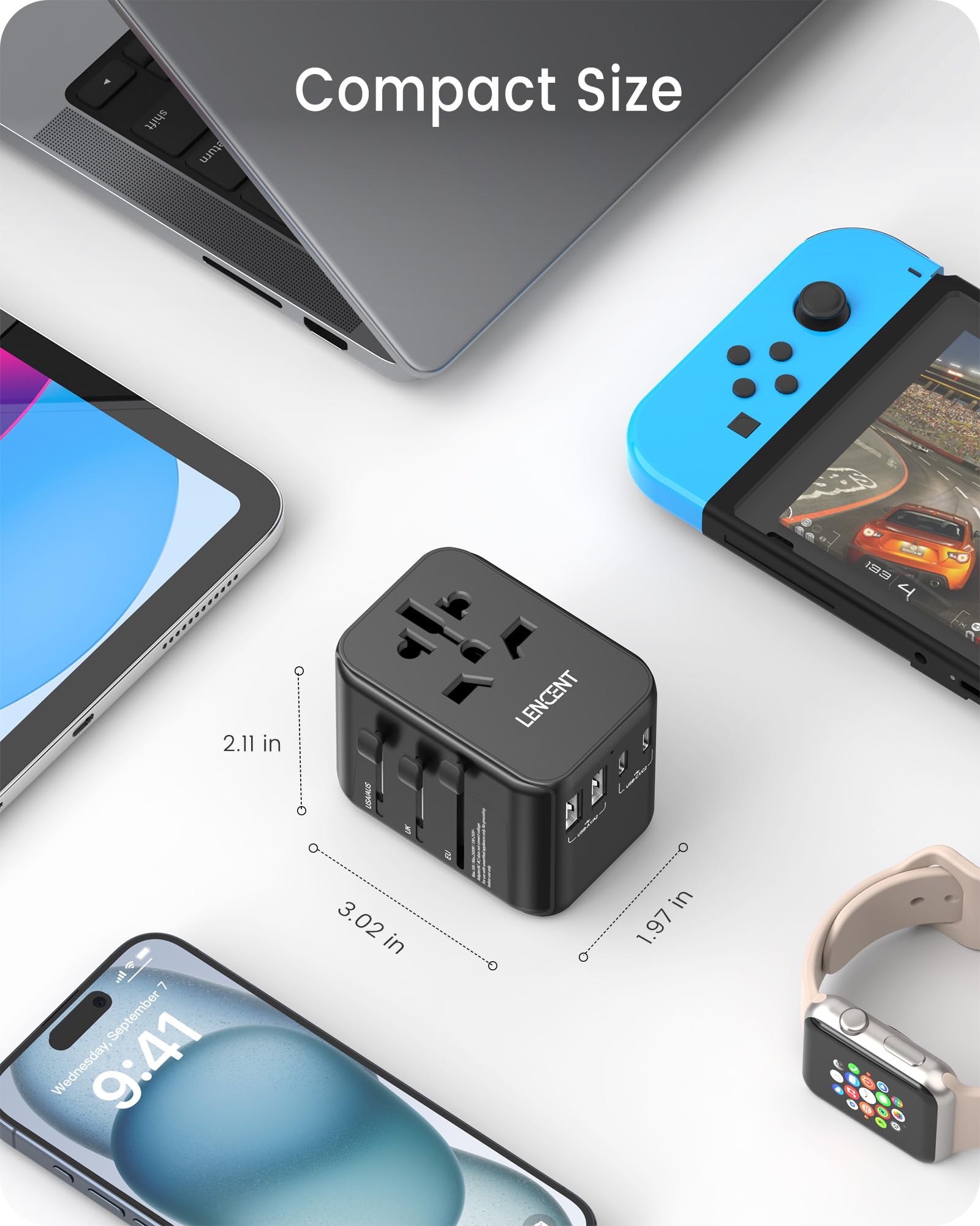 Lencent Universal Travel Adapter, Gan Iii 30W International Charger With 2 Usb Ports & 3 Usb C Pd Fast Charging Adaptor, Worldwi