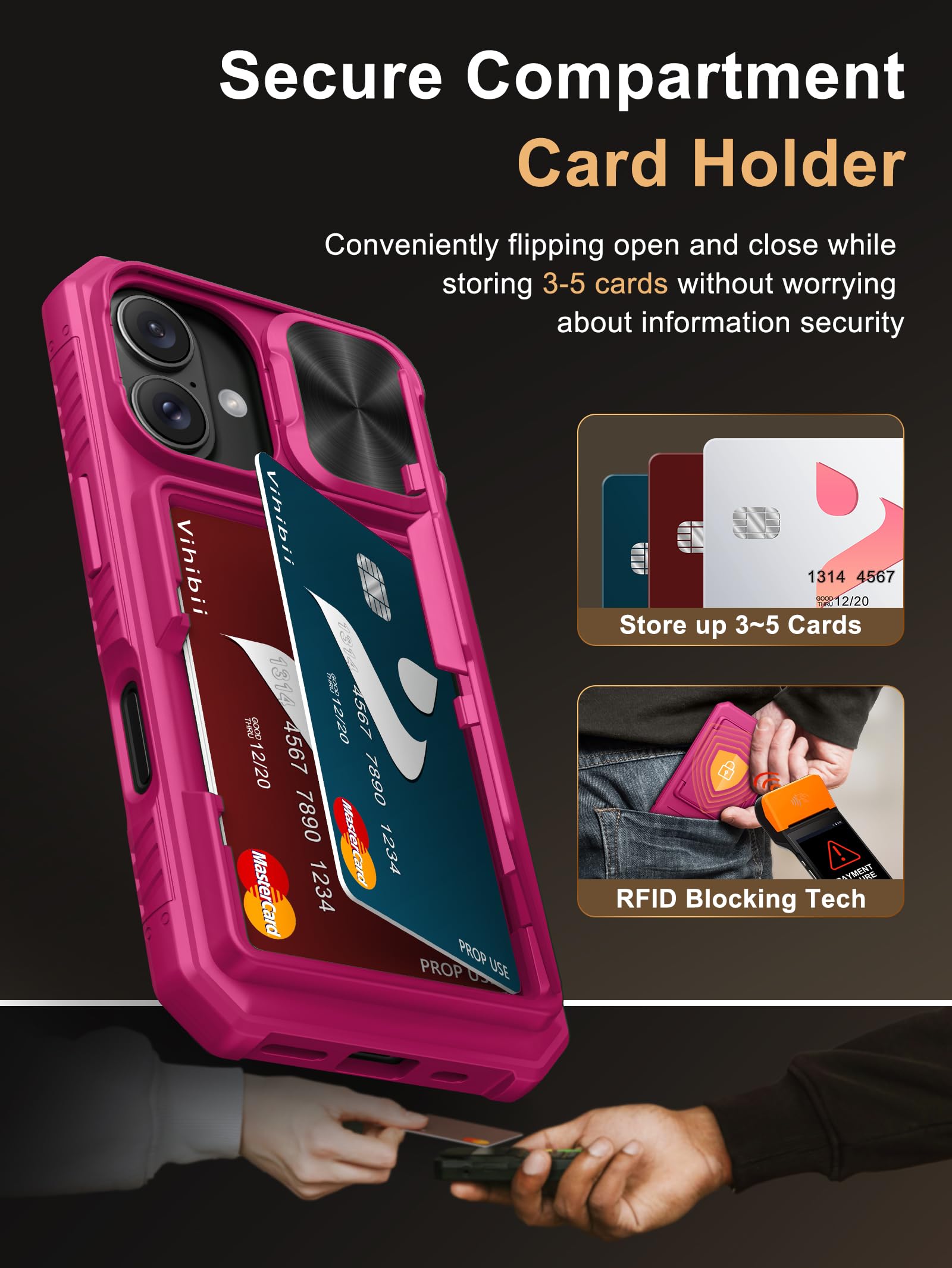 Vihibii For Iphone 16 Case Wallet With Card Holder (4 Cards) [Rfid Blocking] & Slide Camera Cover & Raised Edges Protect Screen,