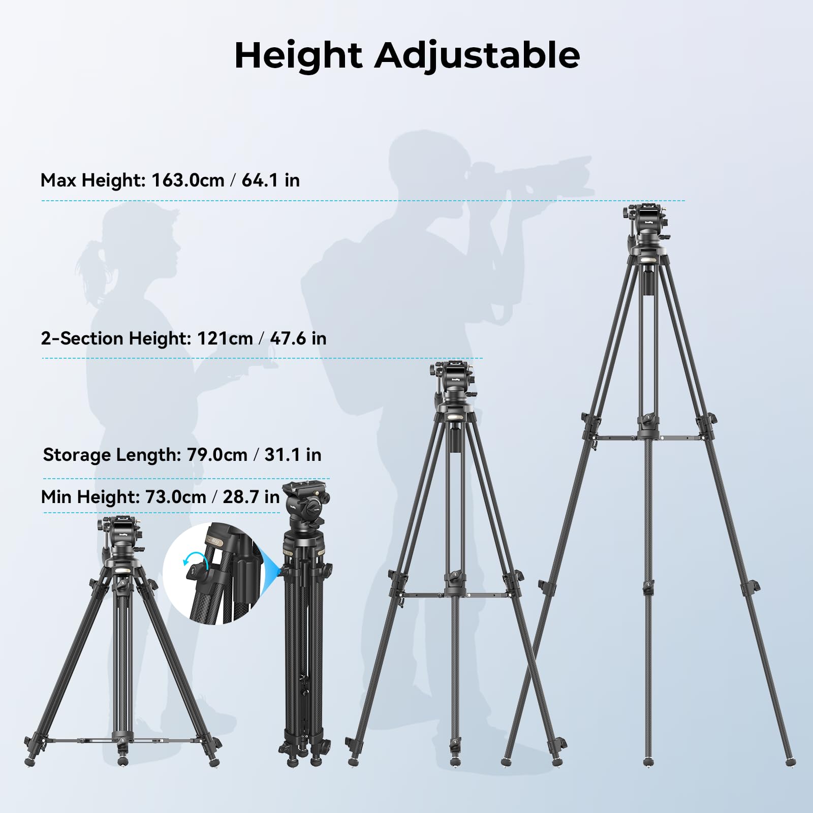 Smallrig Ad-50 Heavy Duty Tripod, Carbon Fiber Video Tripod, 64Lightweight Travel Tripod With Step-Less Damping Fluid Head, Deta