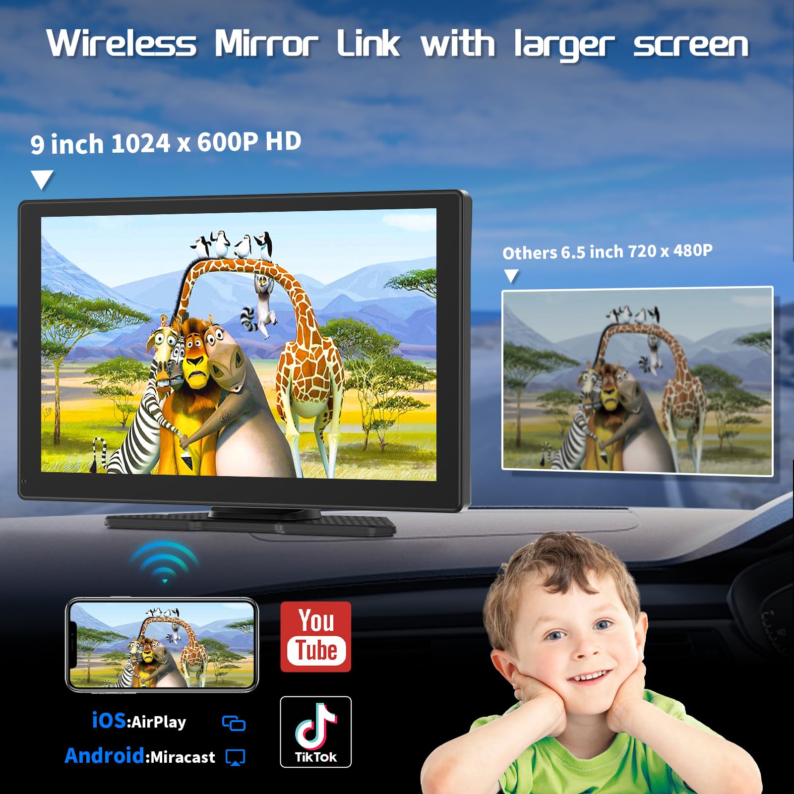 Spedal 9 Inch Wireless Carplay & Android Auto With 1080P Backup Camera, Carplay Screen For Car, Portable Car Stereo Navigation With Mirror Link, Bluetooth, Aux/Fm