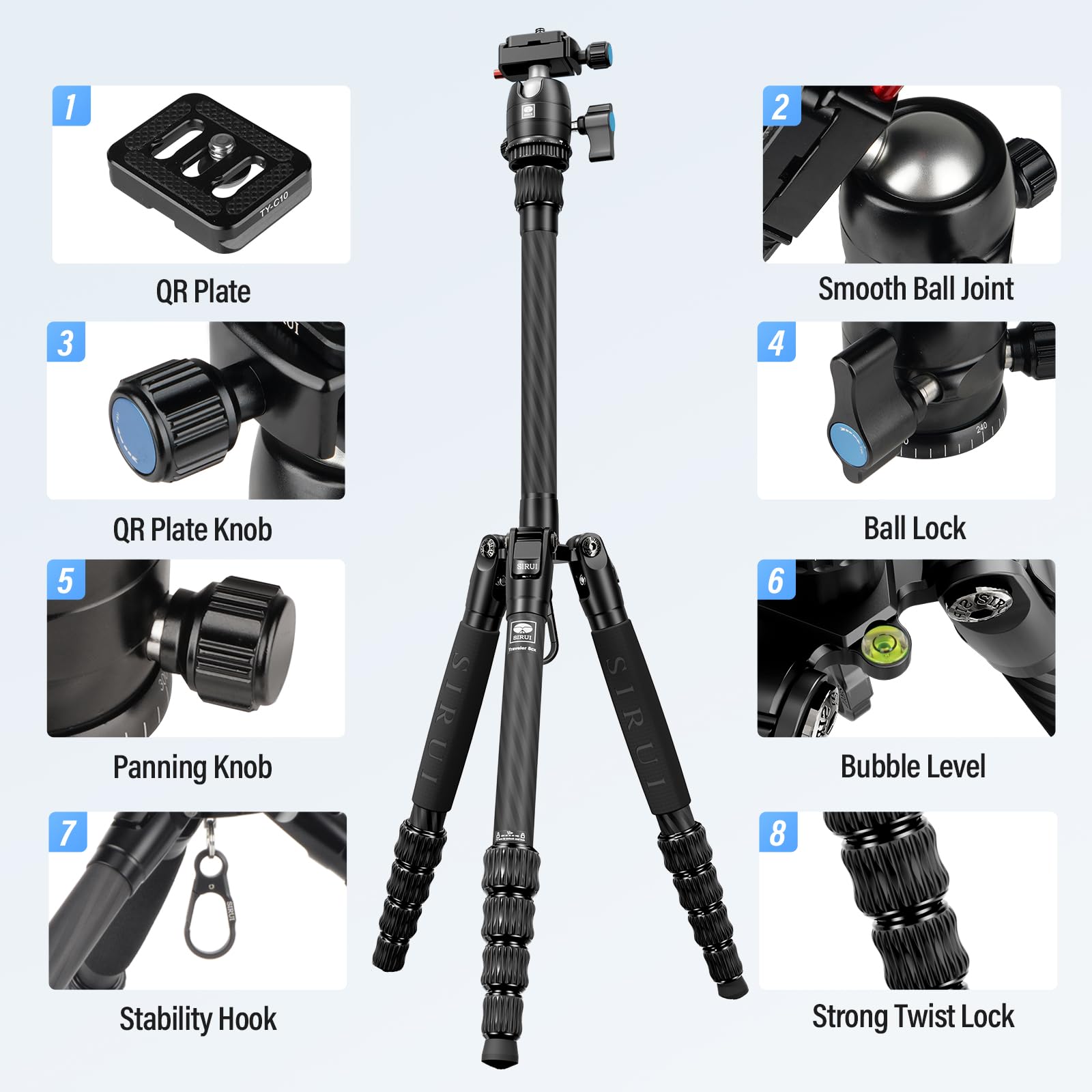 Sirui 52' Carbon Fiber Travel Tripod, Compact Lightweight Camera Tripod, 360� Ball Head Detachable, Load 10Kg/22Lbs, Folded Height 13' (Traveler 5Cx)