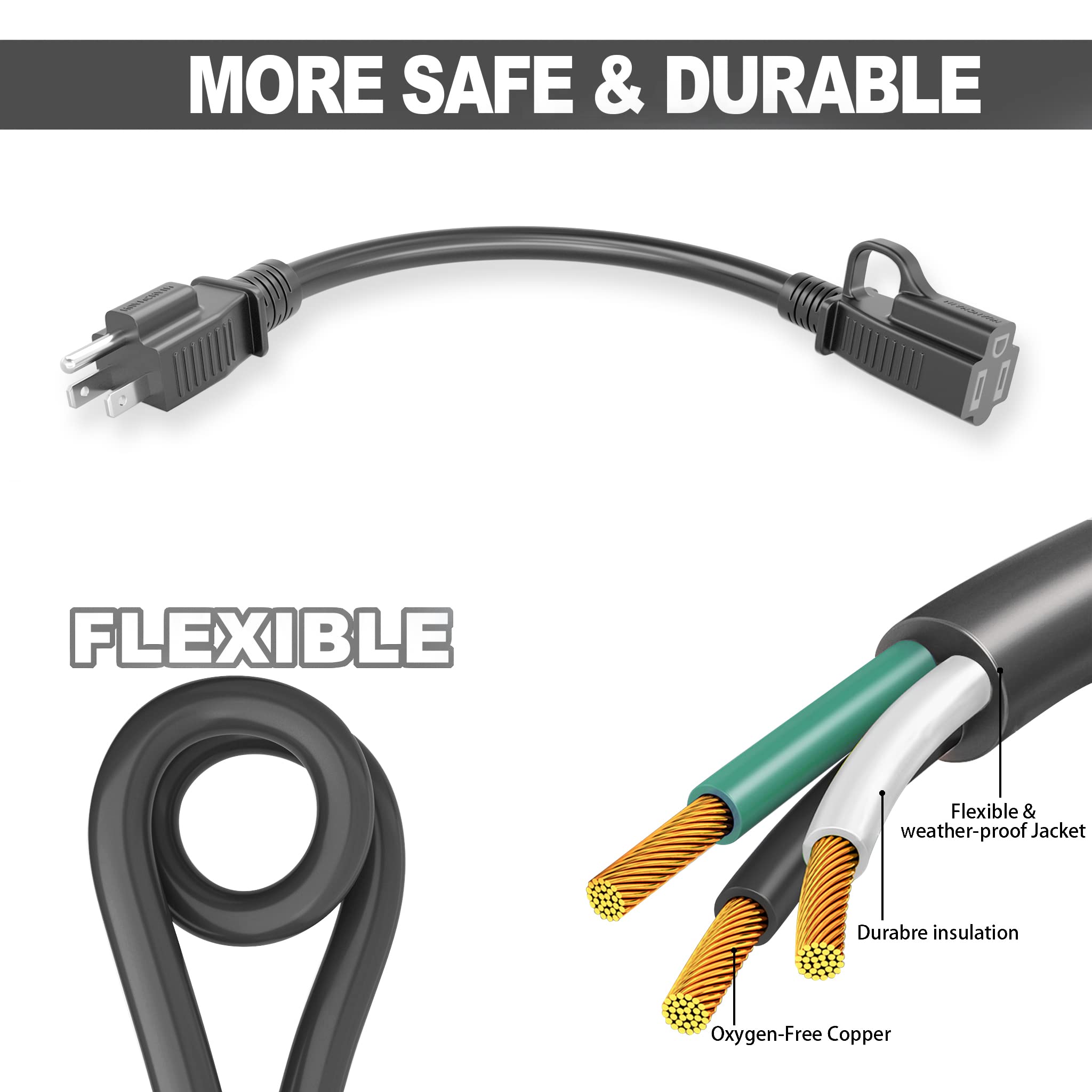 Huanchain Indoor Outdoor Black Extension Cord 10 Ft Waterproof, 16/3 Gauge Flexible Cold Resistant Appliance Extension Cord Outs