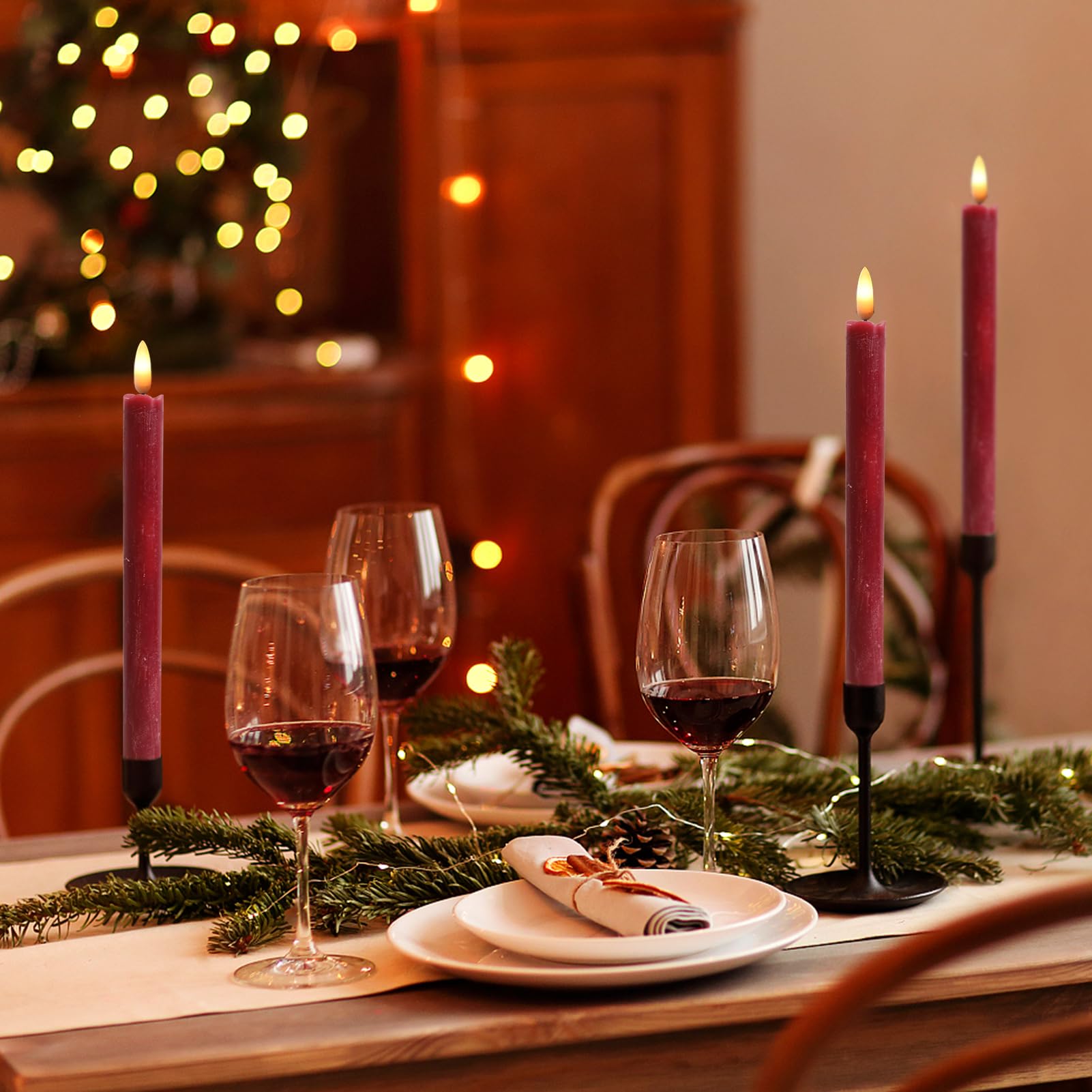 Wondise Flameless Taper Candles With Timer, 2 Pack Battery Operated Flameless Flickering Candles Real Wax Burgundy Led Candle Fo