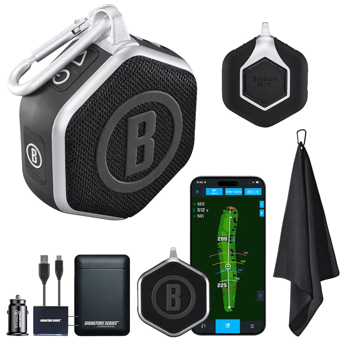 Bushnell Golf Wingman Mini Gps Speaker (Black/Silver) | Magnetic Mount, Music & Audible Distances For 38,000+ Courses, Carabiner