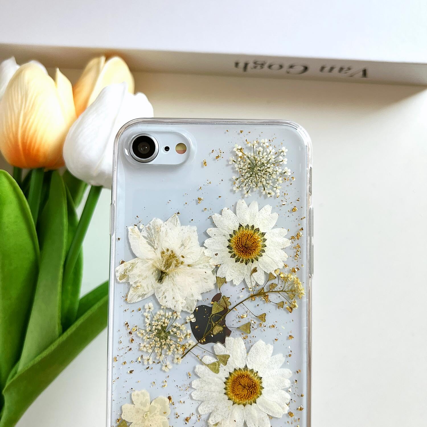 Lseeka For Iphone Se 2022/ Se 2020/8/7 Clear Case With Pressed Real Flowers Design,Glitter Cute White Floral Pattern Slim Soft T