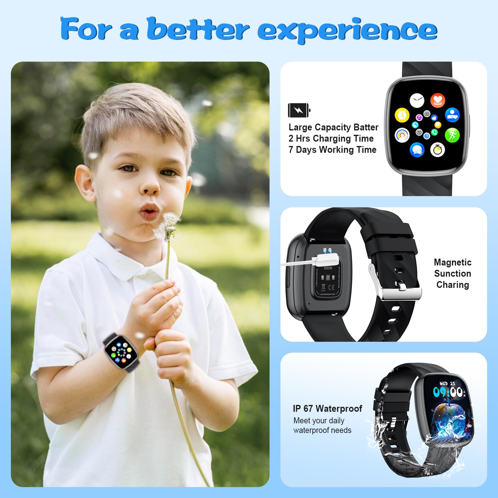 Smart Watch For Kids Fitness Activity Tracker For Boys Girls, Waterproof, Puzzle Games, Alarm Music, Sport Mode, Heart Rate, Sle