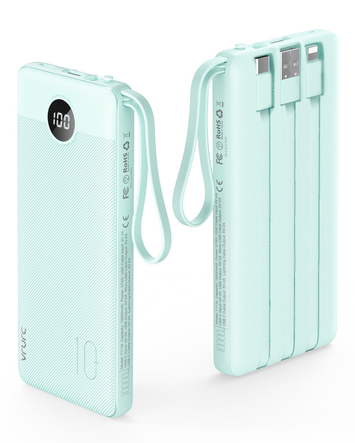 Vrurc Portable Charger With Built In Cables, 10000Mah Led Display Usb C Power Bank, 5 Output 2 Input Travel Phone Charger, Slim
