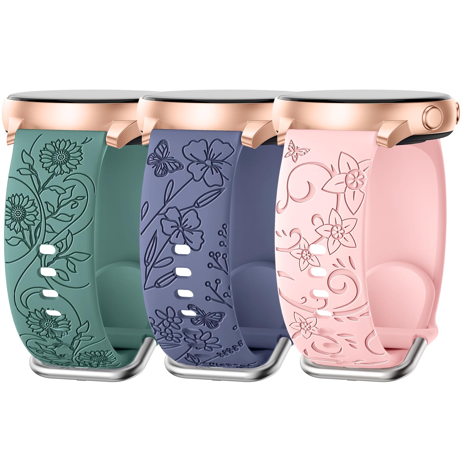 Supernana Floral Design 3 Pack Samsung Galaxy Watch Bands For Women, Elegant Butterfly And Wildflower Engravings, 20Mm Width, Qu