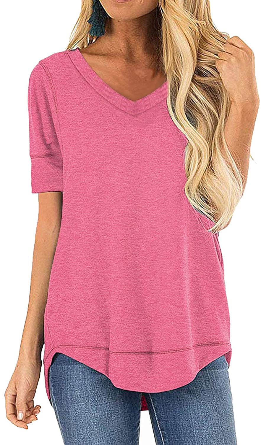 Womens Tops Short Sleeve V Neck Shirts Loose Casual T Shirts Tunic Tops For Leggings Pink 3X Large