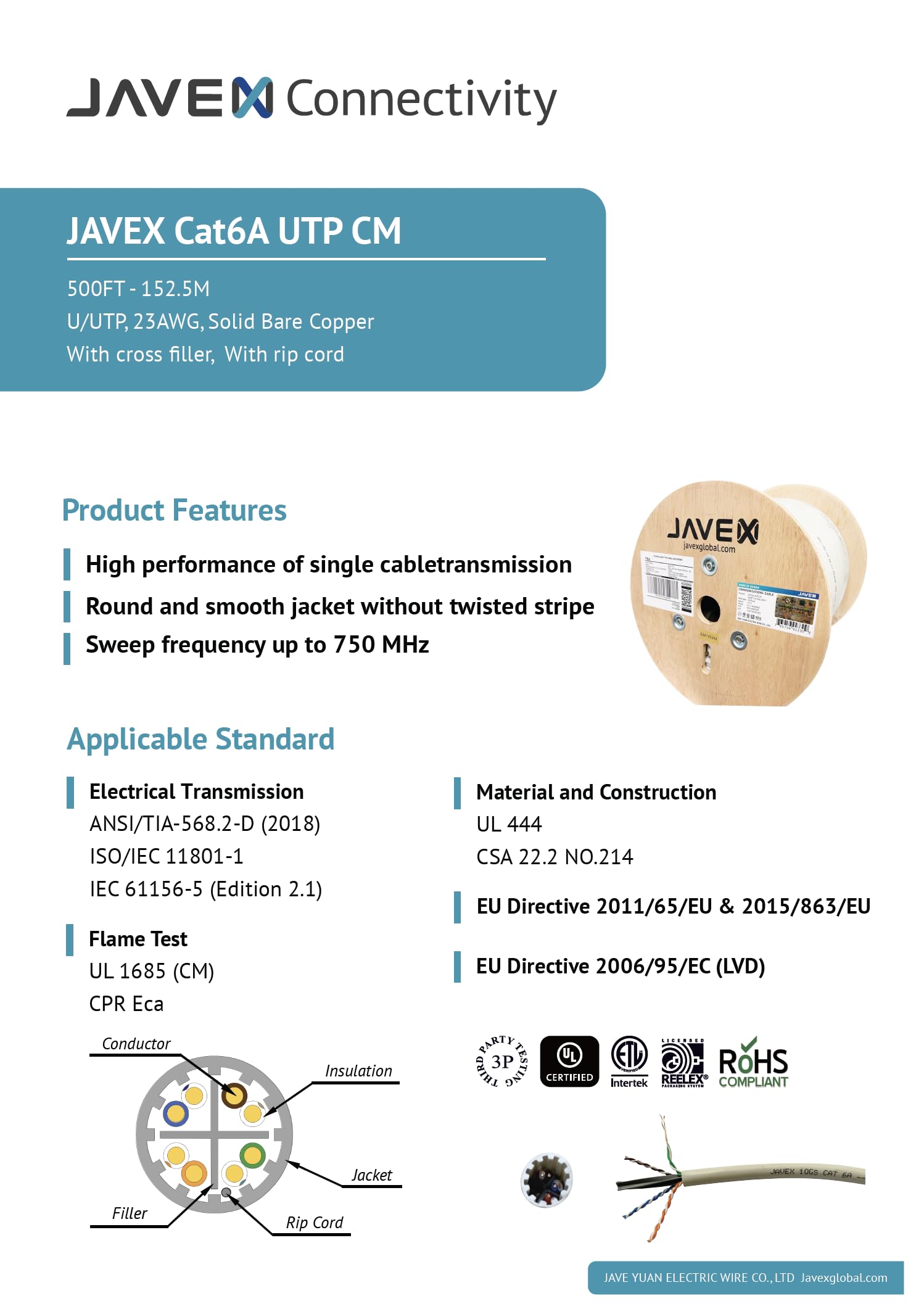 Javex 23Awg Cat6 Ul Certified [1000 Feet] Solid Bare Copper 600Mhz, Poe++ Up To 100W, Etl Listed, Taa Compliant, Made In Taiwan, Utp Ethernet Bulk Cable, Blue