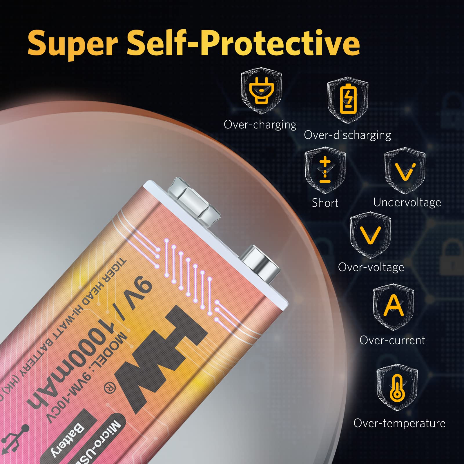 Hw 9V Li-Ion Rechargeable Battery, 9 Volt/1000Mah(9000Mwh) Long Lasting Rechargeable Batteries With Micro-Usb, 1000 Cycles Charg