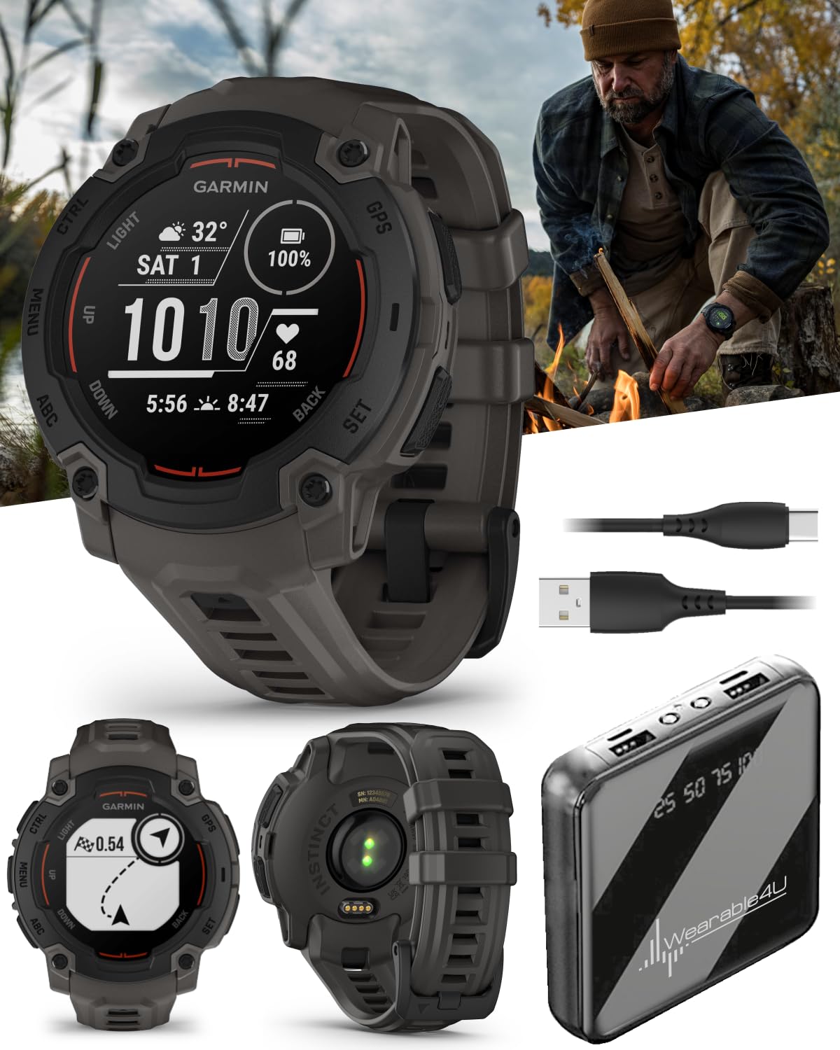 Wearable4U Garmin Instinct E 45Mm, Rugged Outdoor Gps Smartwatch, 24/7 Health Monitoring, Wrist Based Heart Rate, Up To 16 Days