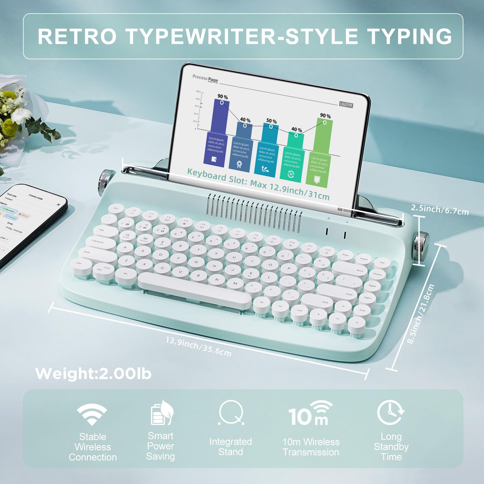 Yunzii Actto B303 Wireless Keyboard, Retro Bluetooth Aesthetic Typewriter Style Keyboard With Integrated Stand For Multi Device