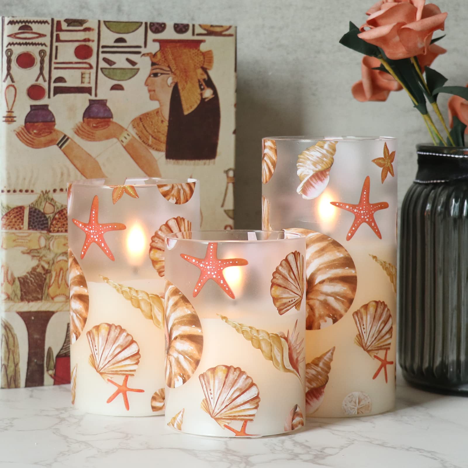 Dromance Seashell Battery Operated Flameless Flickering Candles With Remote Timer 3D Wick Flickering Glass Led Pillar Candles Di