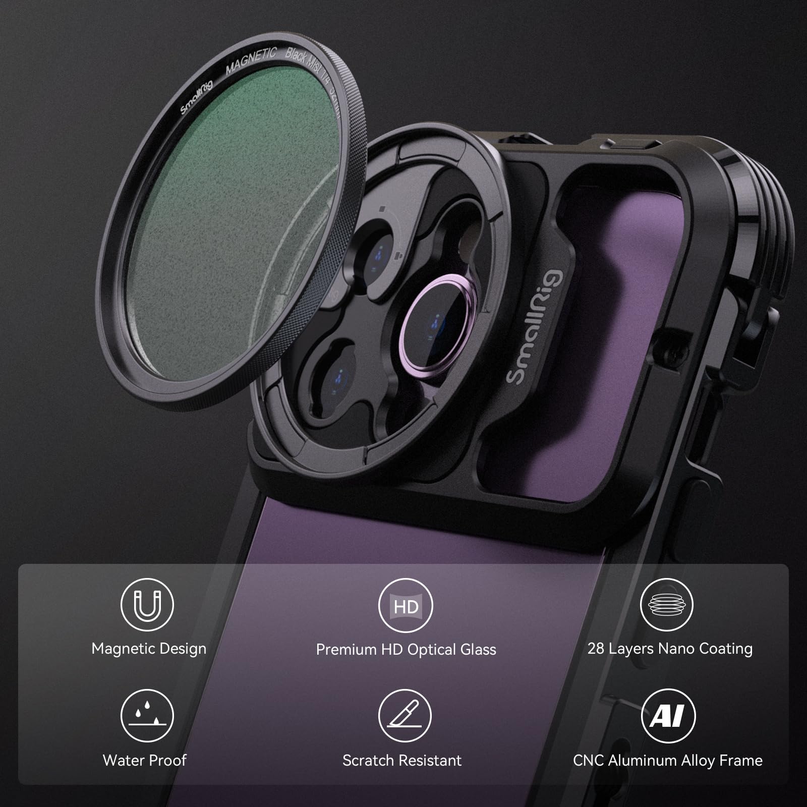 Smallrig 52Mm Magnetic Black Diffusion 1/4 Filter Mist Dream Cinematic Effect Filter Hd Optical Glass 28 Layers Multi Nano Coate