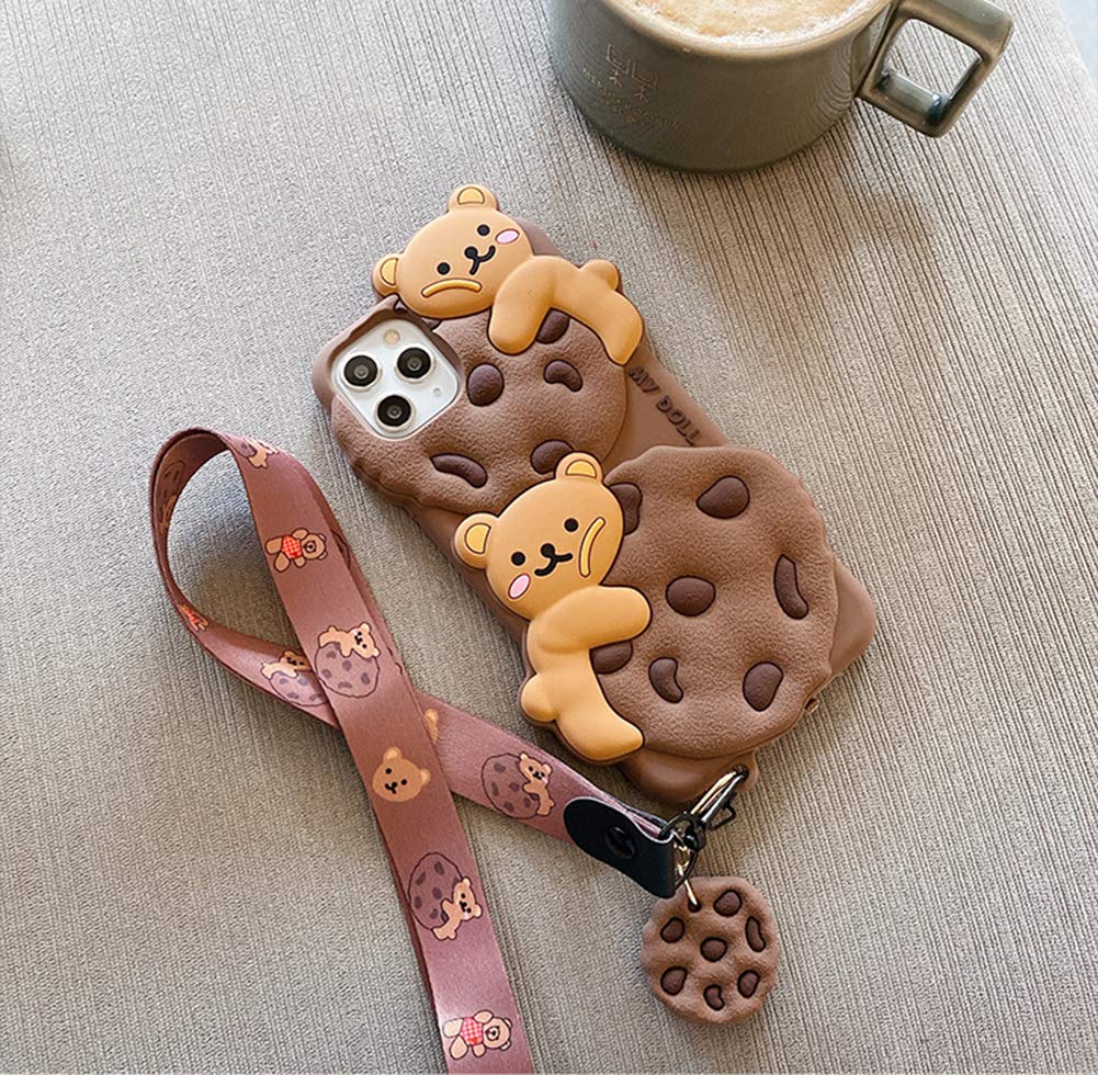 Yatchen For Iphone 11 Pro Max Case Cookie Bear Kawaii Phone Cases,Cute Iphone 11 Pro Max Case With Strap Lanyard 3D Cartoon Bear
