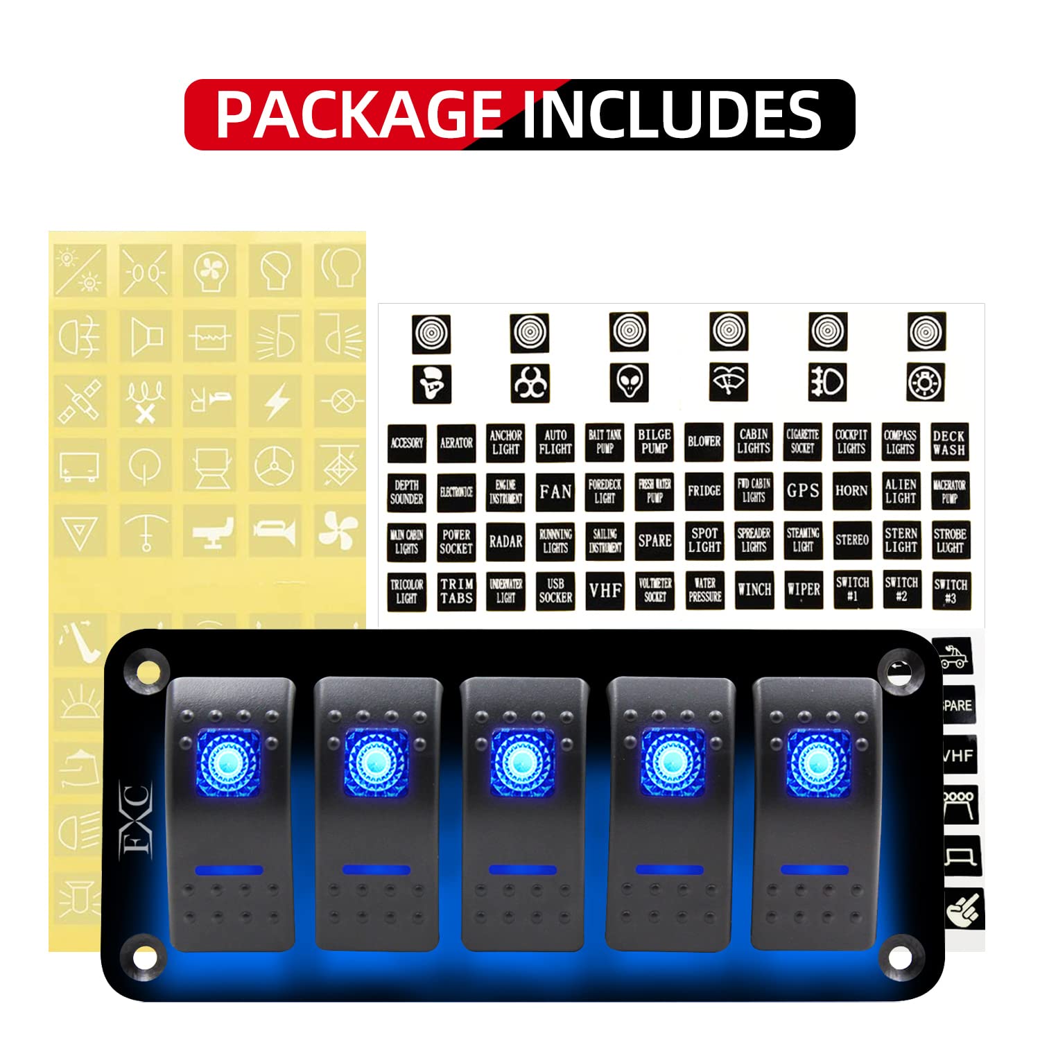 Fxc Rocker Switch Aluminum Panel 5 Gang Toggle Switches Dash 5 Pin On/Off 2 Led Backlit For Boat Car Marine Blue