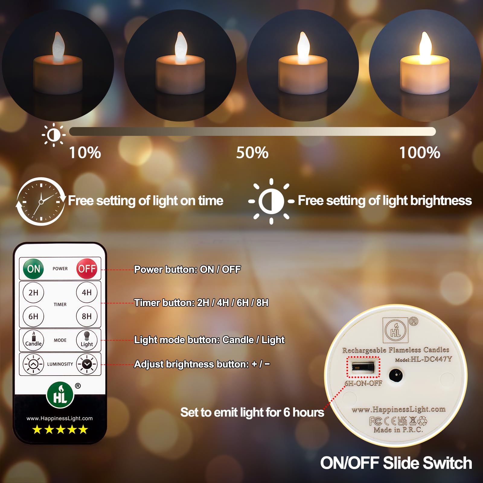 Hl Rechargeable Battery Candles With Remote Timer, 6Pcs 50+Hours Rechargeable Tea Lights Candle, Led Votive Tea Lights Candles Y