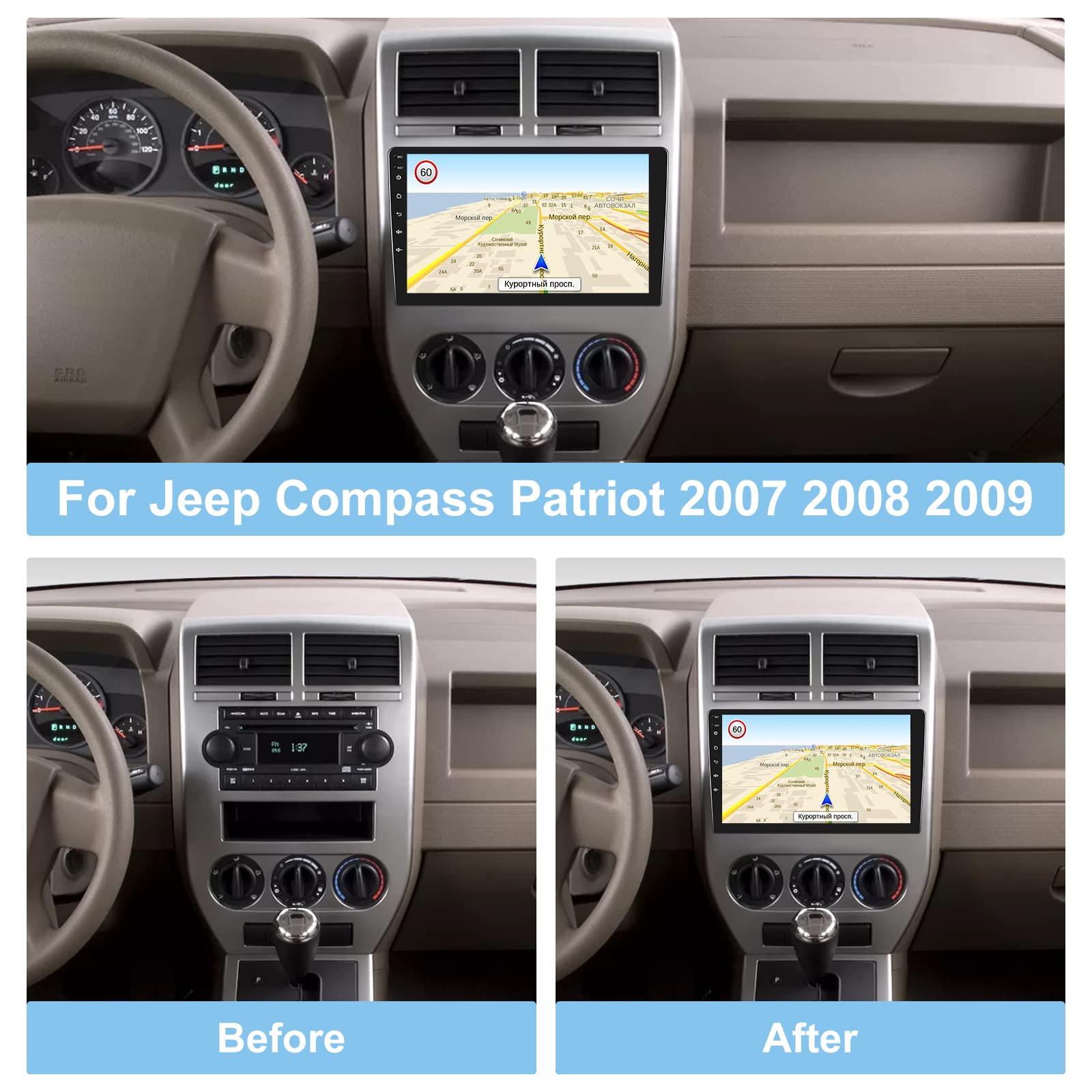 [2G+32G] Car Radio For Jeep Compass Patriot 2007 2008 2009, 10.1 Inch Android Touch Screen Stereo, Carplay/Android Auto/Mirror L