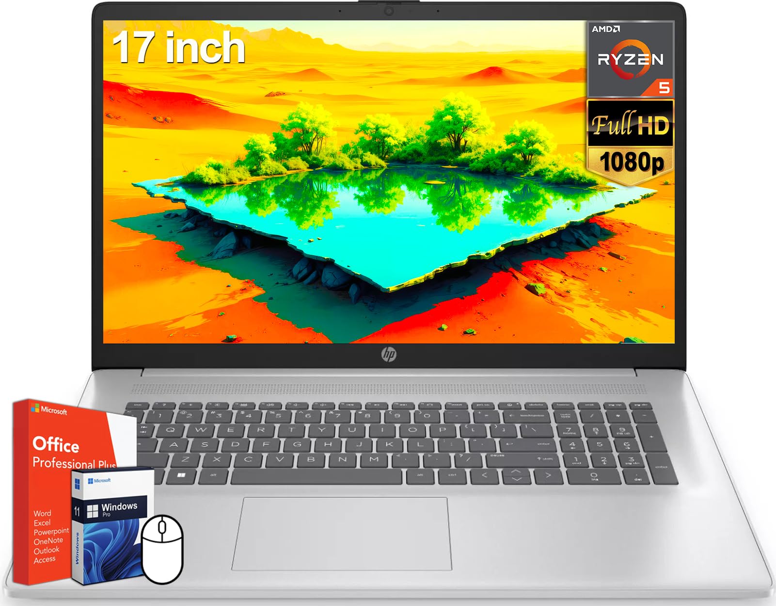 HP 17 inch Laptop, Microsoft Office Lifetime License, AMD Ryzen 5 7430U, 16 GB RAM, 512 GB SSD, 17.3 FHD Display, AMD Radeon Gra