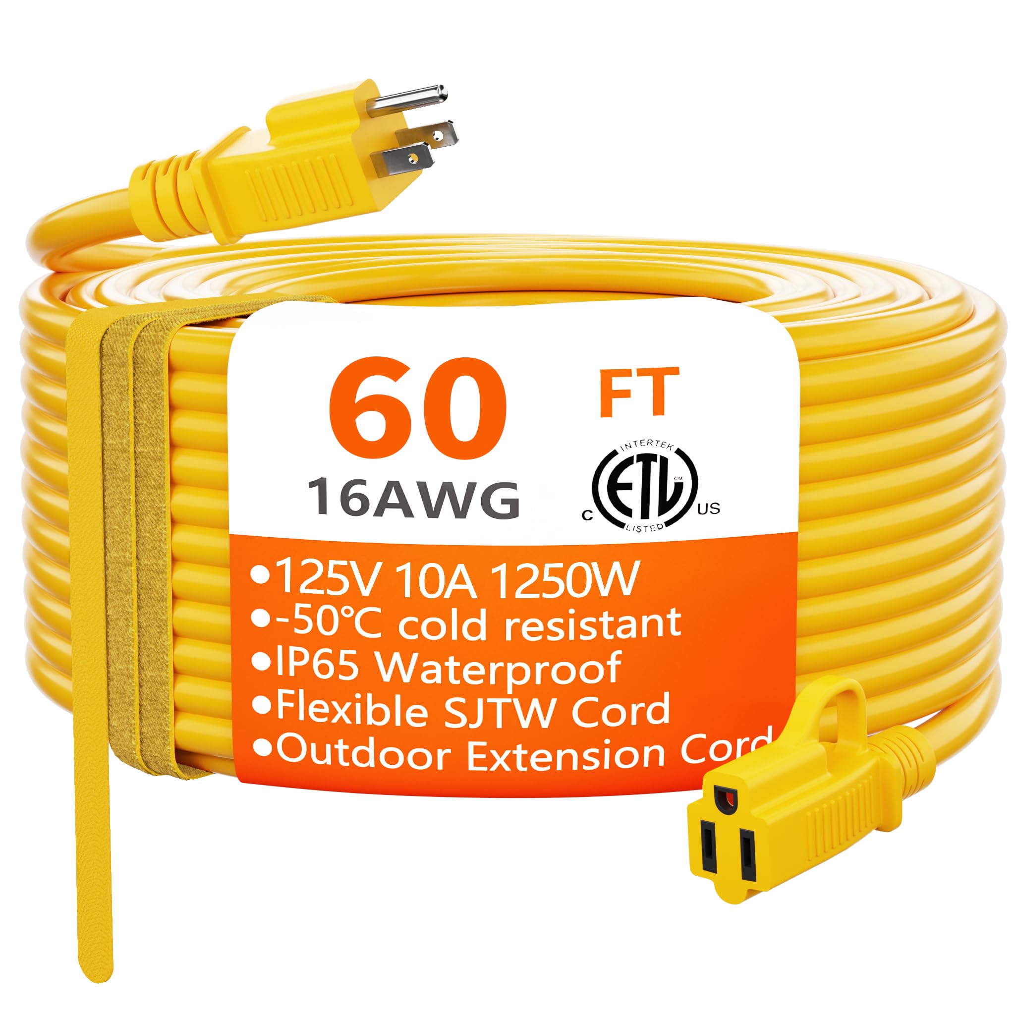 Huanchain Outdoor Extension Cord 60 Foot Waterproof, 16/3 Gauge Flexible Cold Resistant Appliance Extension Cable Outside, 10A 1