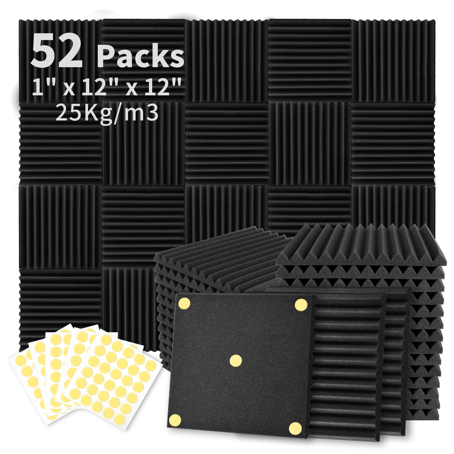 Focusound 52 Pack Acoustic Foam Panels 1'' X 12'' X 12'' Sound Proof Foam Panles Soundproofing Noise Cancelling Wedge Panels For