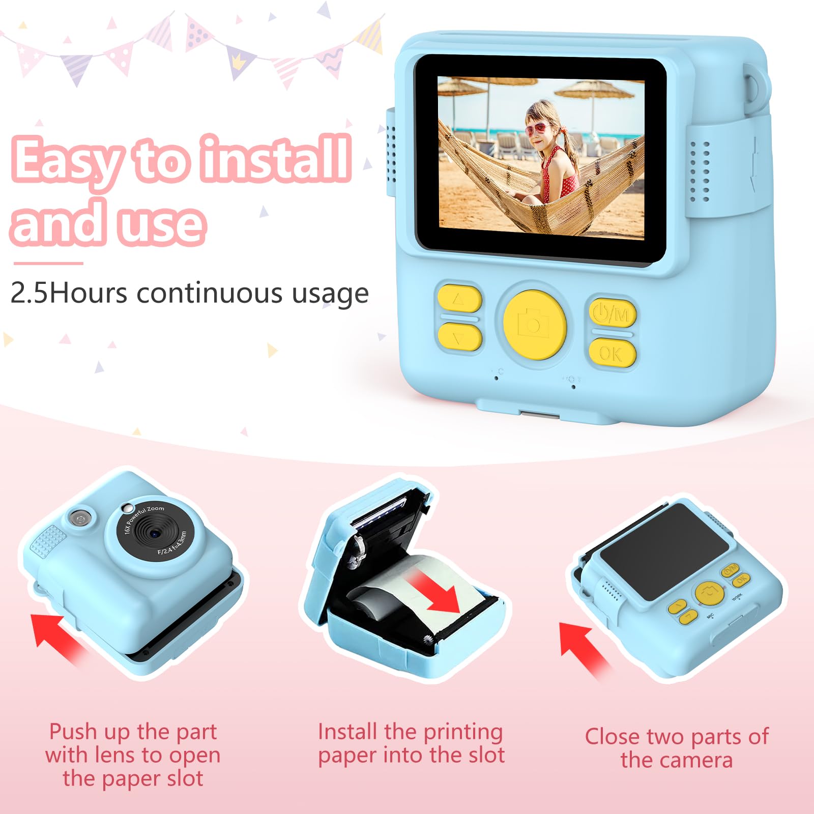 Radekly Instant Print Camera For Kids,Christmas Birthday Gifts For Age 3 12 Girls Boys,1080P Hd Digital Video Cameras For Toddle