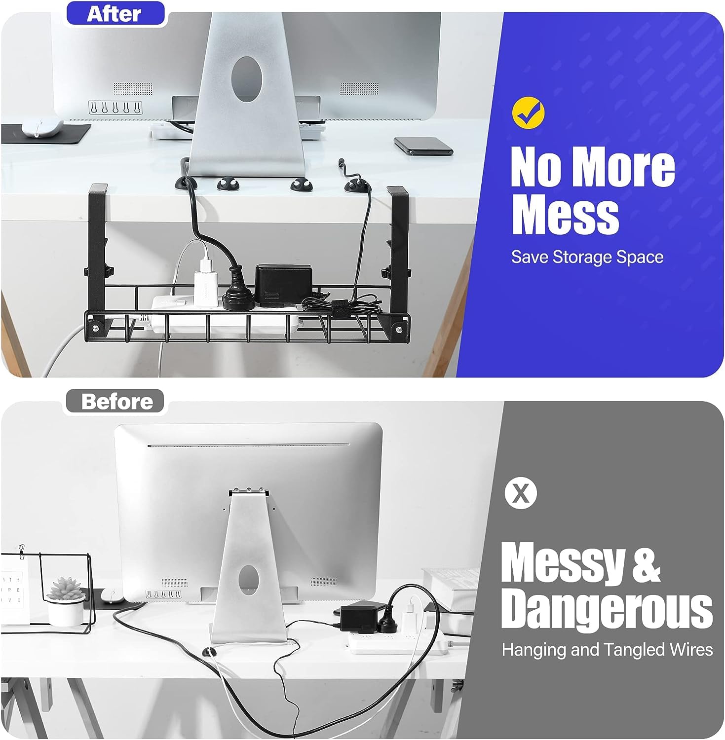 Under Desk Cable Management Tray 2 Pack, Xpatee Wire Management No Drill No Screws, Cable Tray With Clamp For Desk Wire Manageme