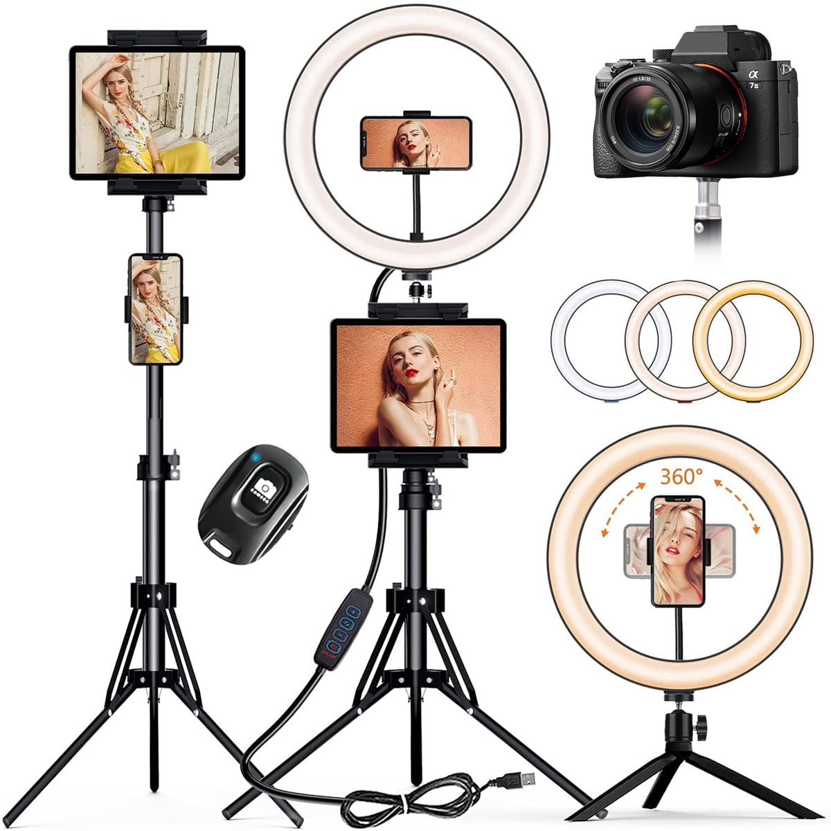 12'' Selfie Ring Light With Tripod Stand 72'' Tall & Mini Desktop Tripod, Peyou Ring Light Tripod With 4 Phone Tablet Holders & 