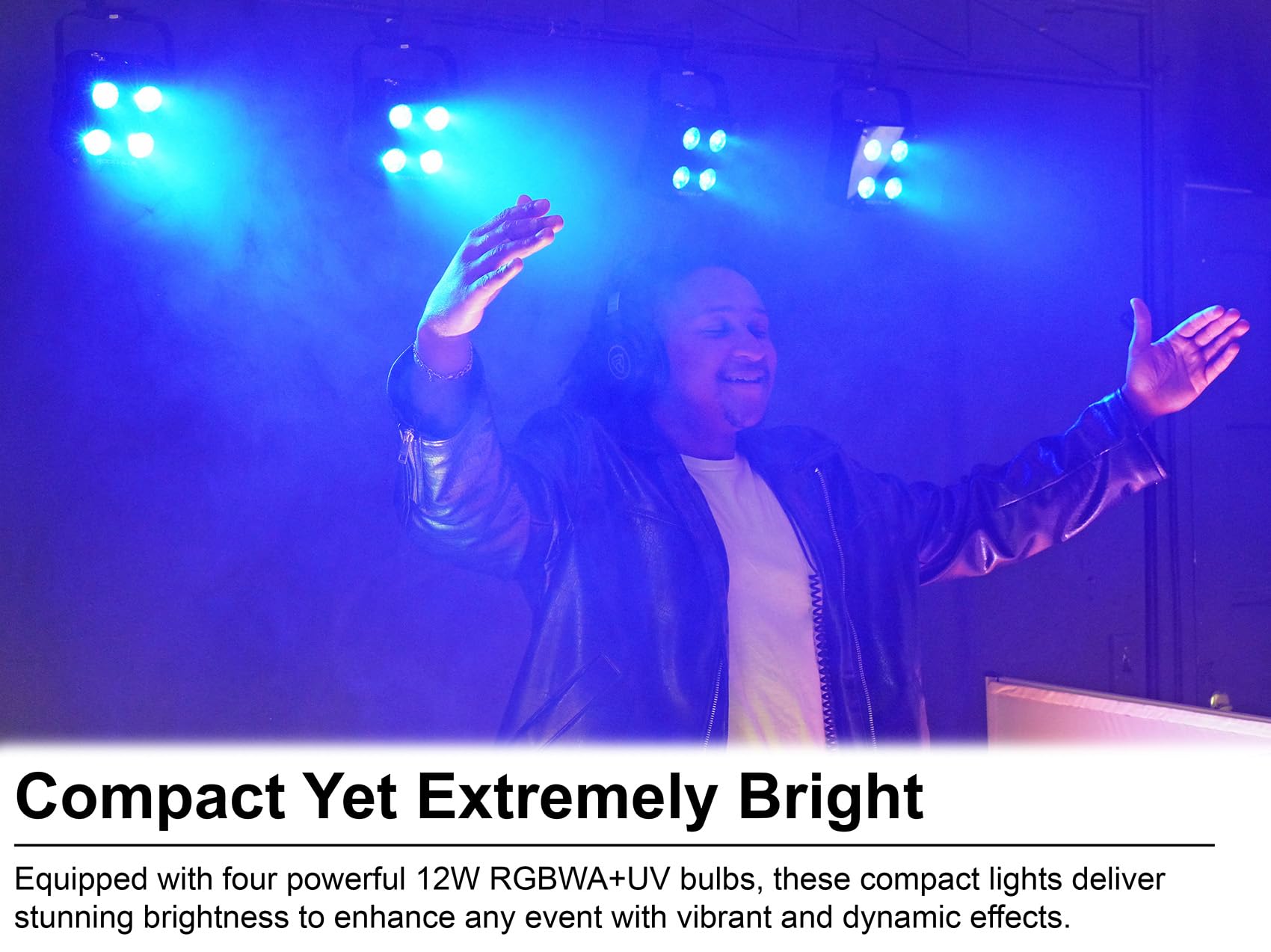 Rockville 4 Pack Mini Rf4 V2 Black Led Wash Up Light, Rgbwa+Uv, Compact, App, Remote, Lcd, Wireless Dmx, Rechargeable, Perfect F