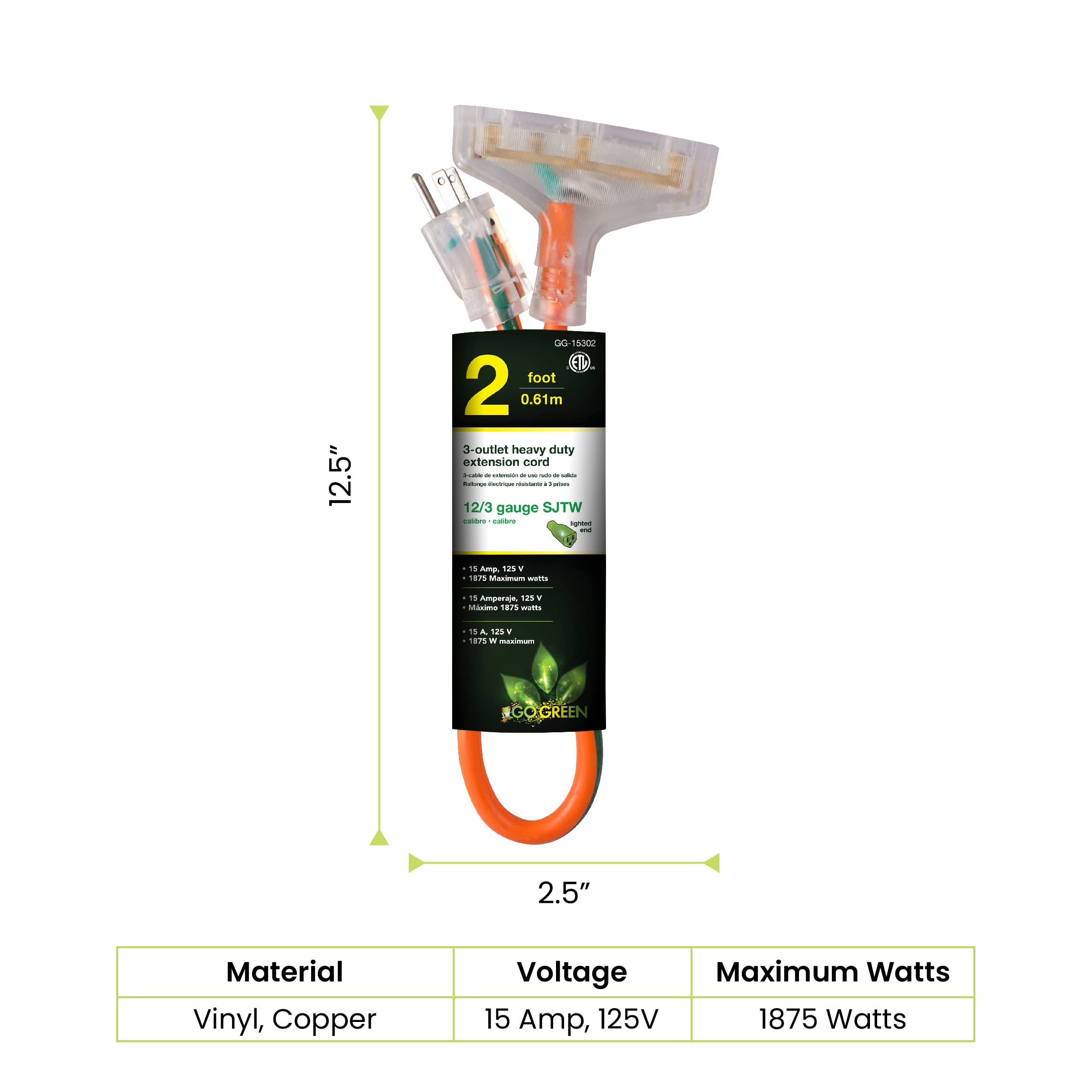 Gogreen Power (Gg 15302) 12/3 2' 3 Outlet Heavy Duty Extension Cord, Lighted End, 2 Feet