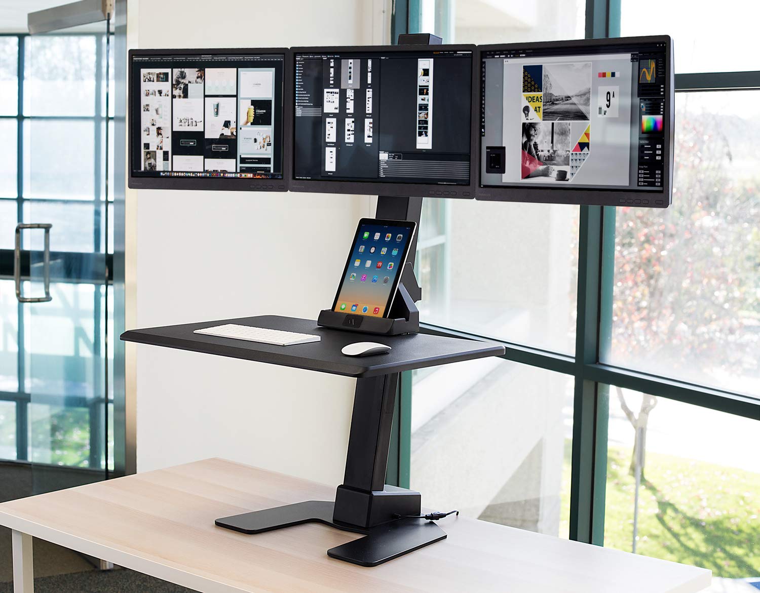 Mount It! Triple Monitor Electric Standing Desk Converter   3 Screens Stand Up Desk Riser   Height Adjustable Desktop & 3 Mounts for Screens up to 32', Sit Stand Convertor for Home, Office, School