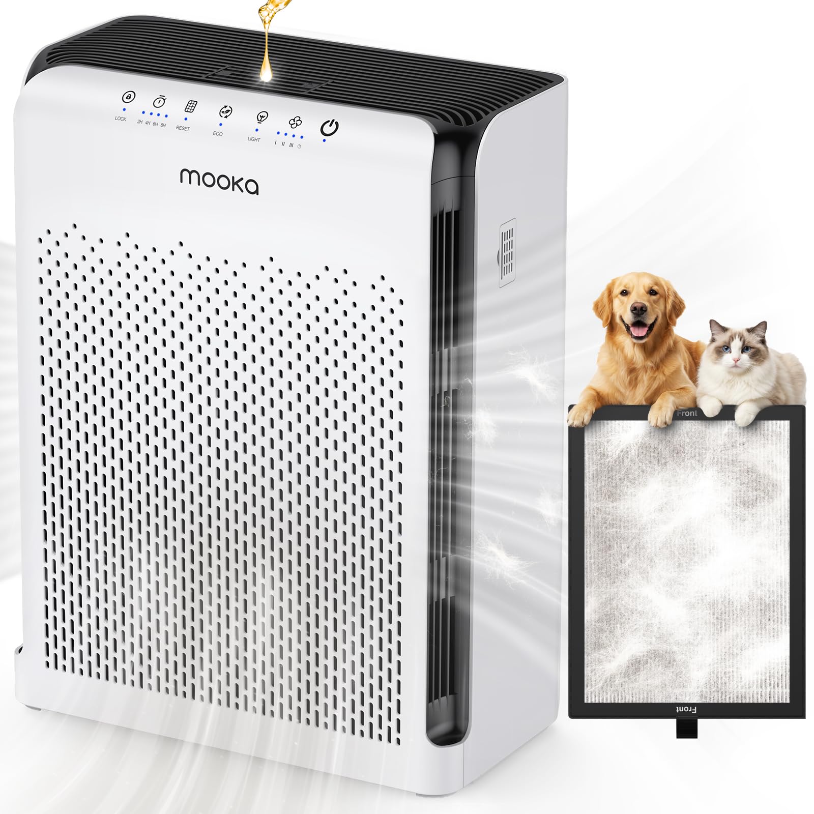 MOOKA Air Purifiers for Home Pets Large Room 2200ft with ECO Mode, 20dB Ultra-Quiet HEPA Air Filter for Bedroom with Aromatherap