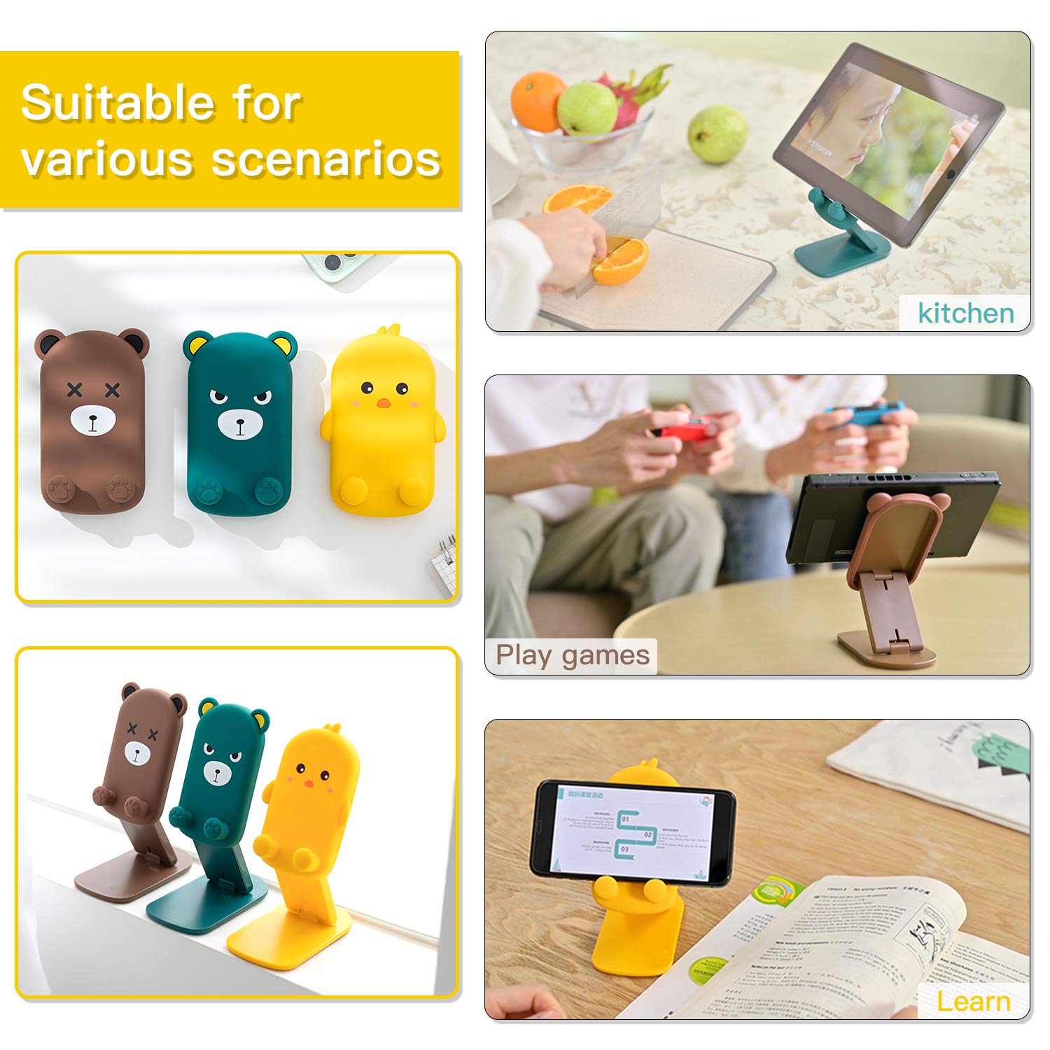 Anpdasi Cute Cell Phone Stand Foldable Adjustable Animal Phone Holder For Desk Silicone Protection Compatible With Iphone 16 15