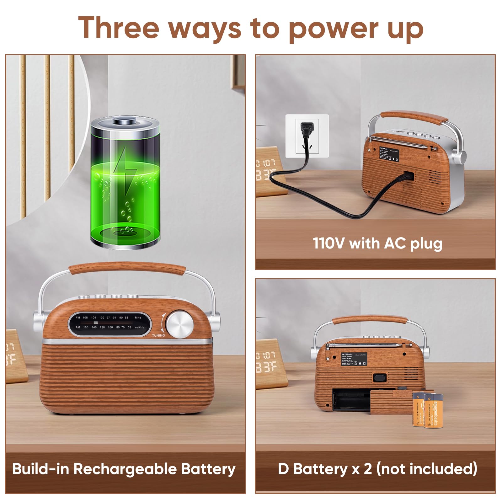 Ongteed Portable Am Fm Analog Radio Plug In Wall With Bluetooth Speak, 3 Way Power Sources, Built In Rechargeable Battery, Ac Or