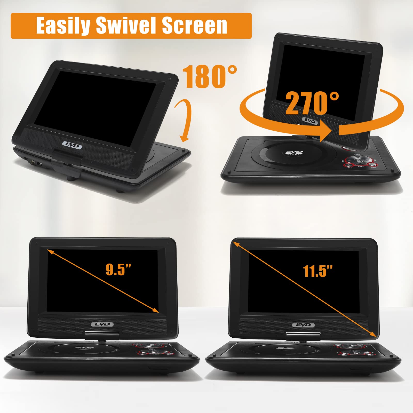 11.5'' Portable Dvd Player With 9.5'' Swivel Screen, 5 Hours Rechargeable Battery,Car Dvd Player,Support Cd/Dvd/Sd Card/Usb,Regi