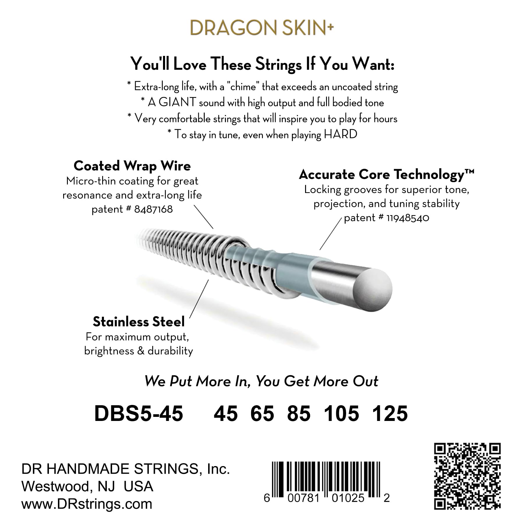 Dr Strings Dragon Skin+ - Coated Stainless Steel Bass Strings - Dbs5-45 - Superior Sound With Comfortable Feel & Long Life: 5 St