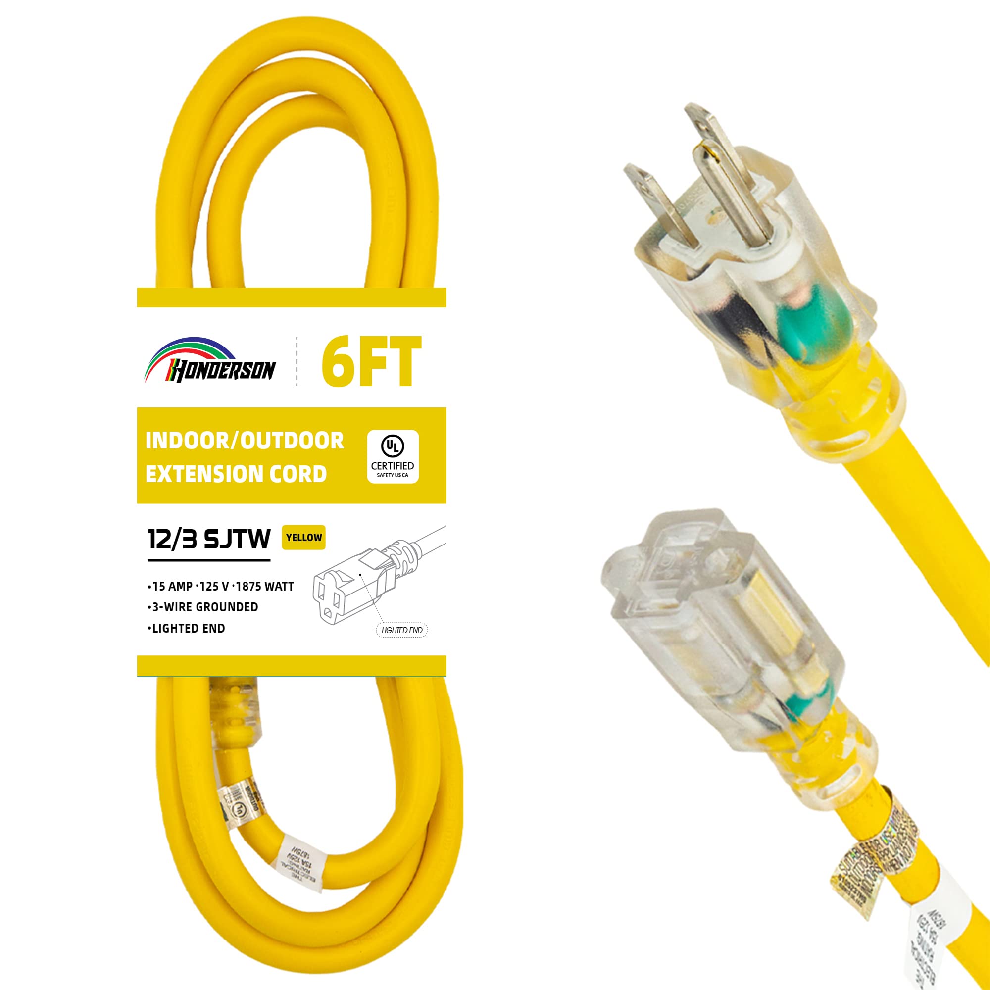 Honderson Indoor Outdoor Extension Cord Weatherproof With Lighted End, Ul Listed, 12 Gauge 6Ft Yellow 3 Prong Heavy Duty Extensi
