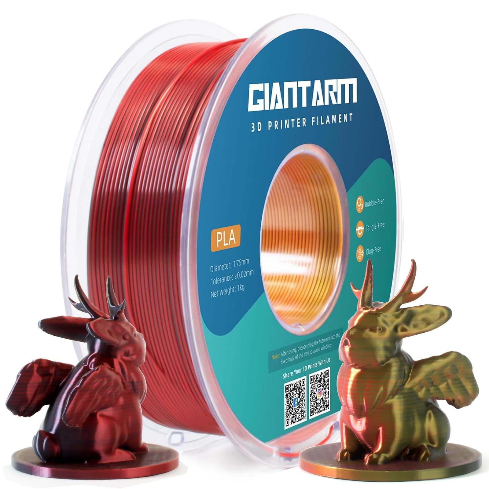 Giantarm Tri Colors Silk Pla Filament, Shiny Pla 3D Printer Filament 1.75Mm +/ 0.03Mm, 1Kg (2.2Lbs) Spool, Vacuum Packaging (Red
