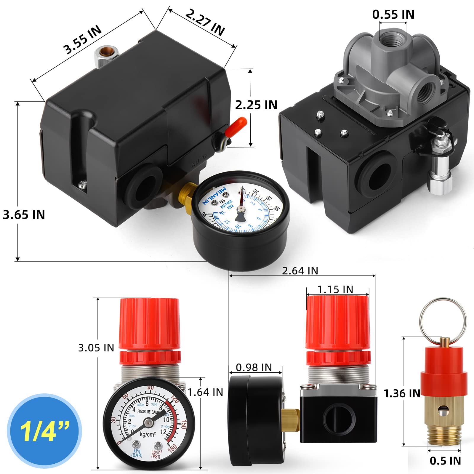 Meanlin Measure Air Compressor Pressure Switch Control Valve 135 175 Psi 110V 240V 4 Way Replacement Parts With 0 180 Psi Air Co
