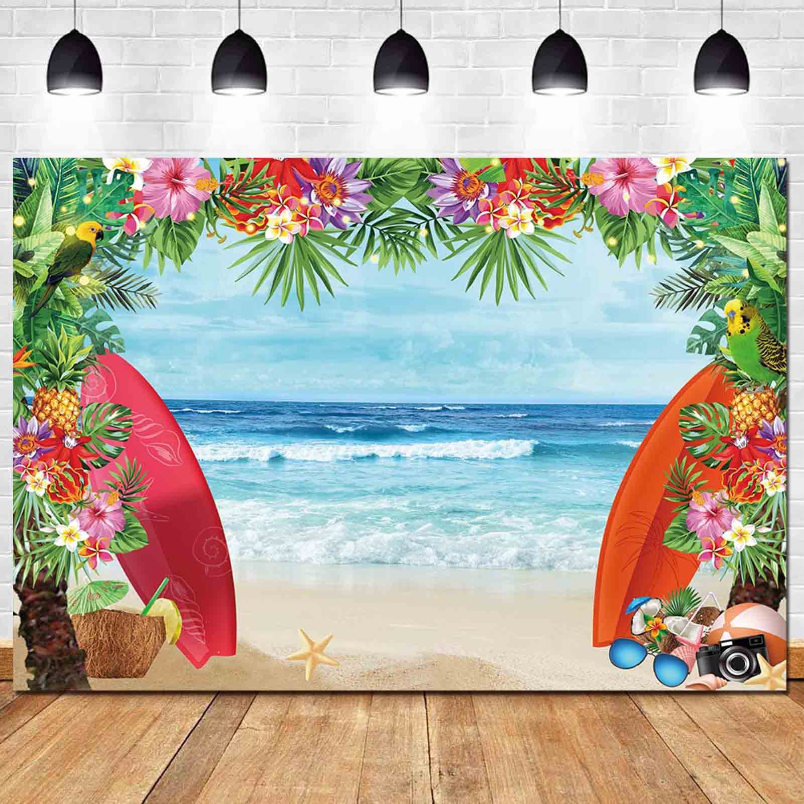 Hqm 7X5Ft Fabric Summer Tropical Beach Photo Background Beach Conch Hawaii Blue Sea Flower Children Birthday Luau Party Photogra