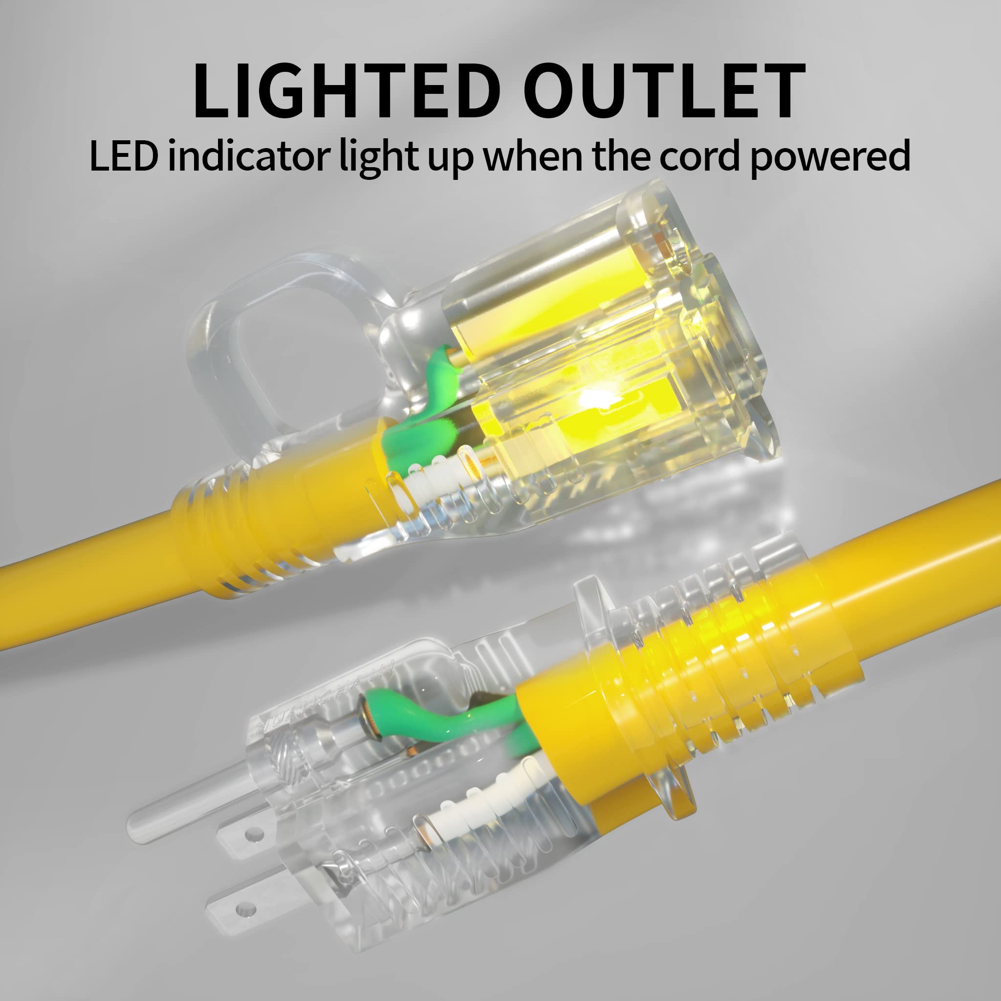 Powgrn 6 Ft 12/3 Outdoor Extension Cord Waterproof Heavy Duty With Lighted Indicator End 12 Gauge 3 Prong, Flexible Cold Resista