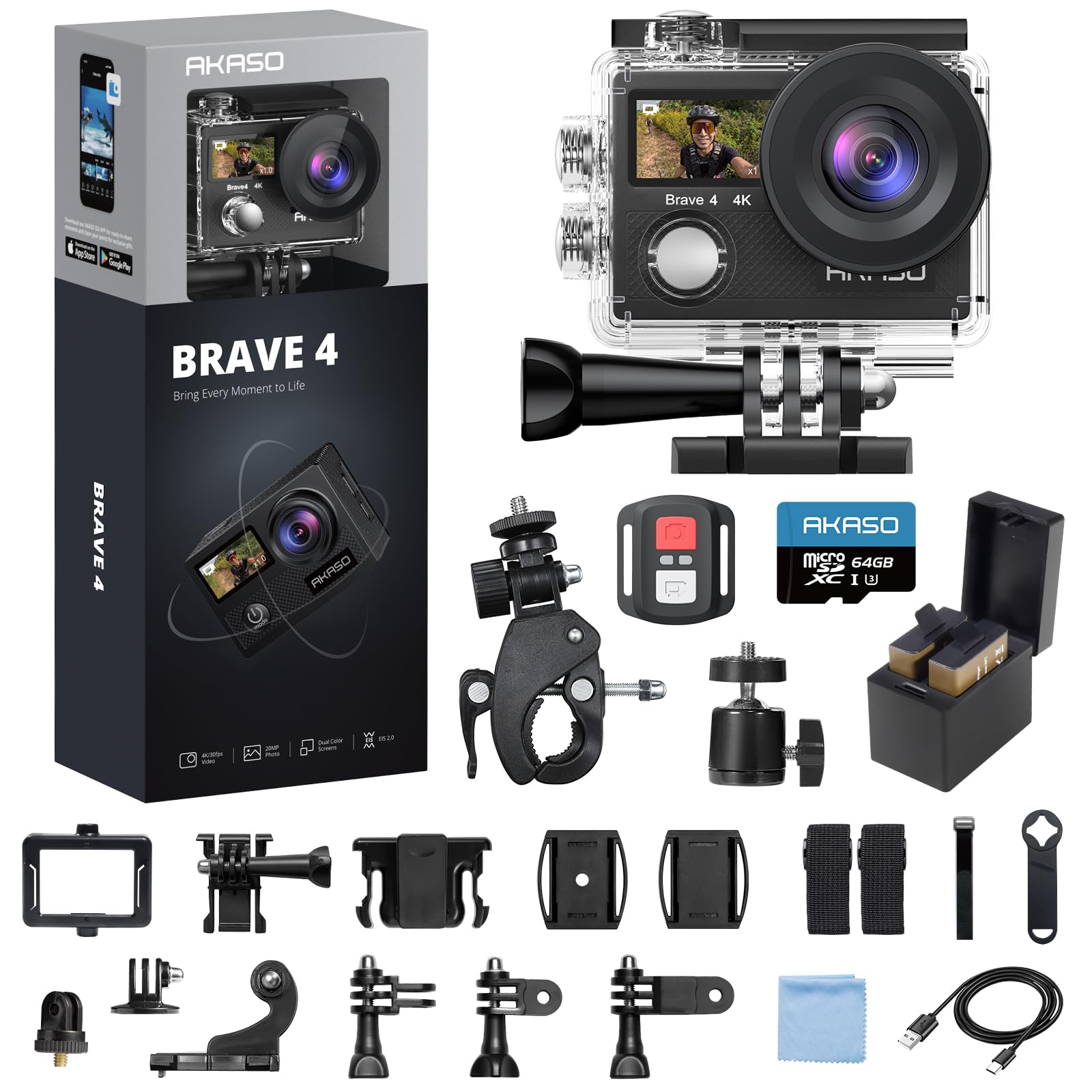 AKASO Brave 4 Action Camera 4K 30fps with 64GB MicroSDXC Memory Card Accessories Kit Bundle, 20MP Ultra HD 131FT Waterproof Unde
