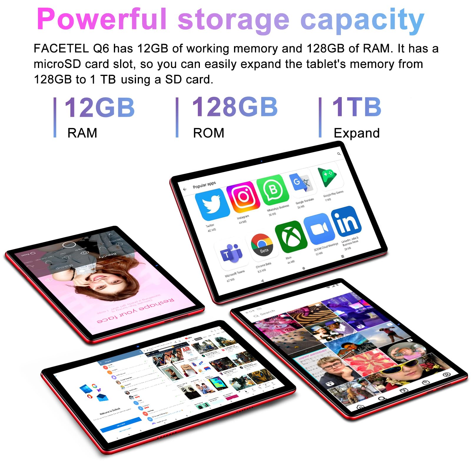 Facetel Tablet 10 Inch Android 13 Tablet Octa Core 2.0 Ghz With 12Gb Ram 128Gb Rom, 5G Wifi, 6000Mah, Hd Ips Touchscreen, Blueto