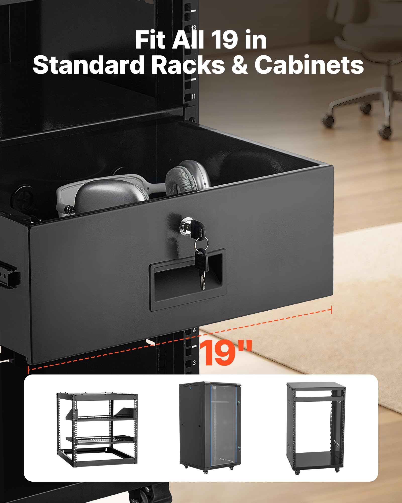 Vevor 4U Rack Drawer, Lockable Server Cabinet Case, 13.8 Depth Server Rack Mount Drawer, For 19 Network Equipment/Dj/Av Rack