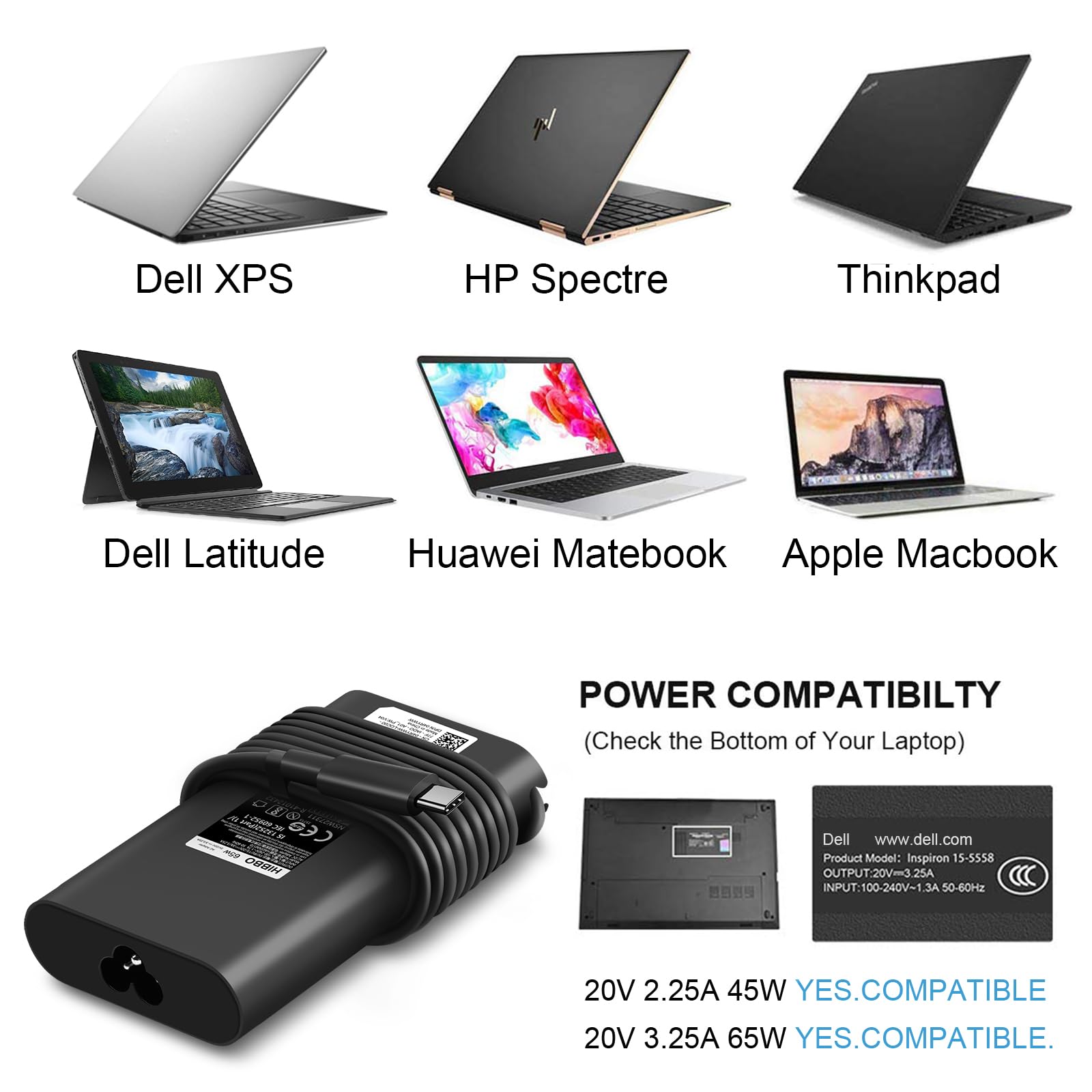 Charger For Dell Laptop Computer 65W 45W Usb C Fast Power Adapter For Xps And Latitude 5000