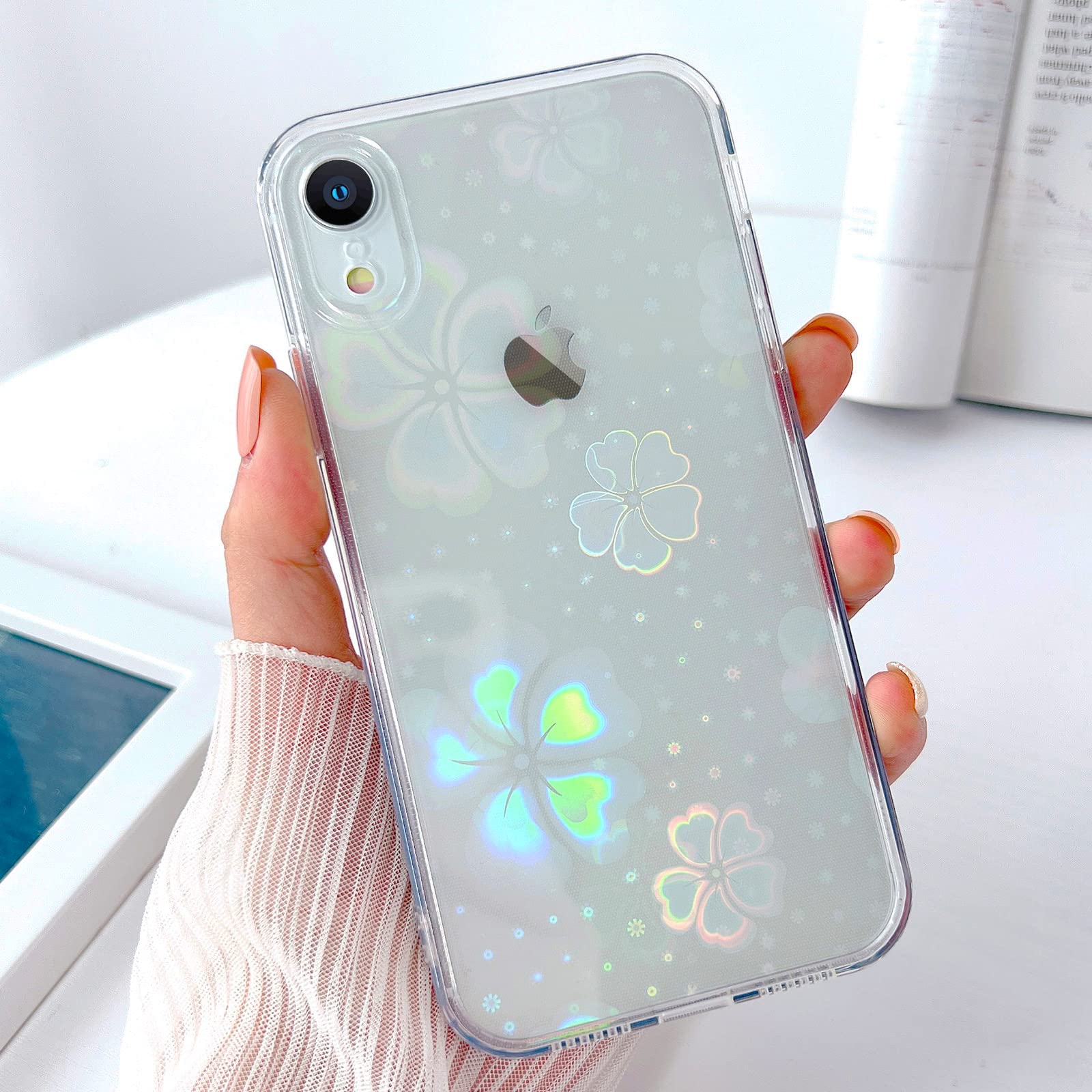 Urarssa iPhone XR Case Clear Laser Bling Glitter Flower Pattern Soft TPU Shockproof